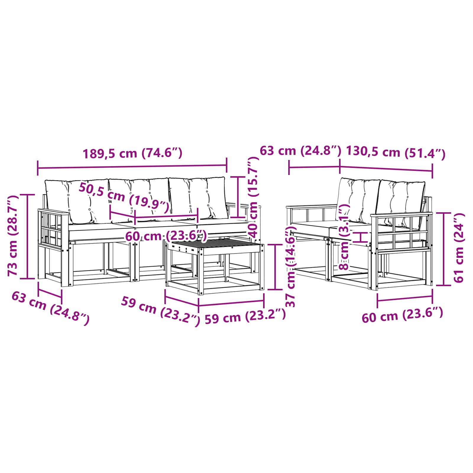 Zunanja garnitura za sedenje z blazino 6 pcs Naravna in smetana - slika 9