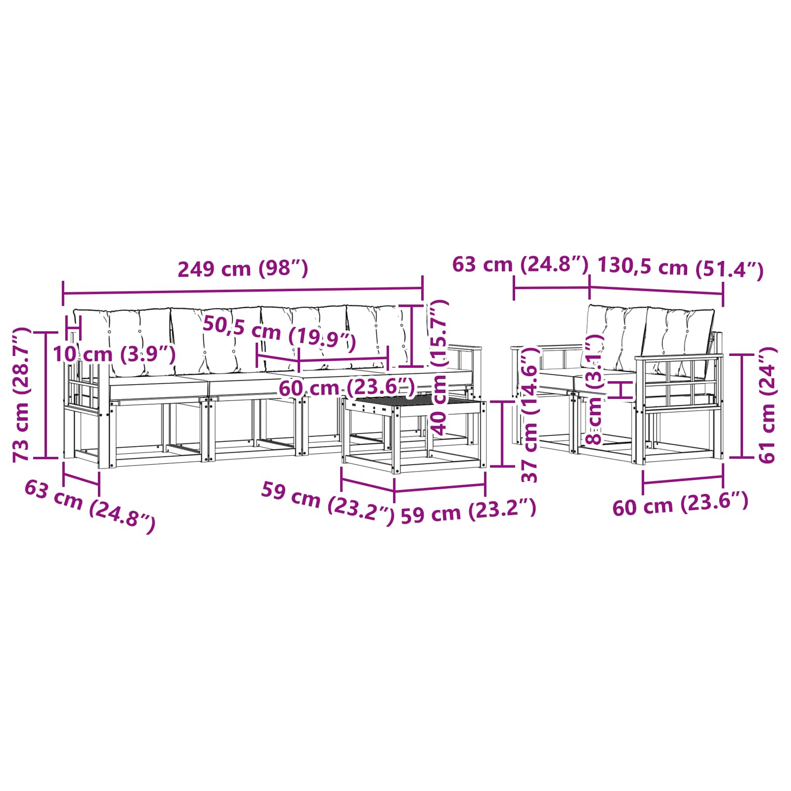 Zunanja garnitura za sedenje z blazino 7 pcs Naravna in bež - slika 9