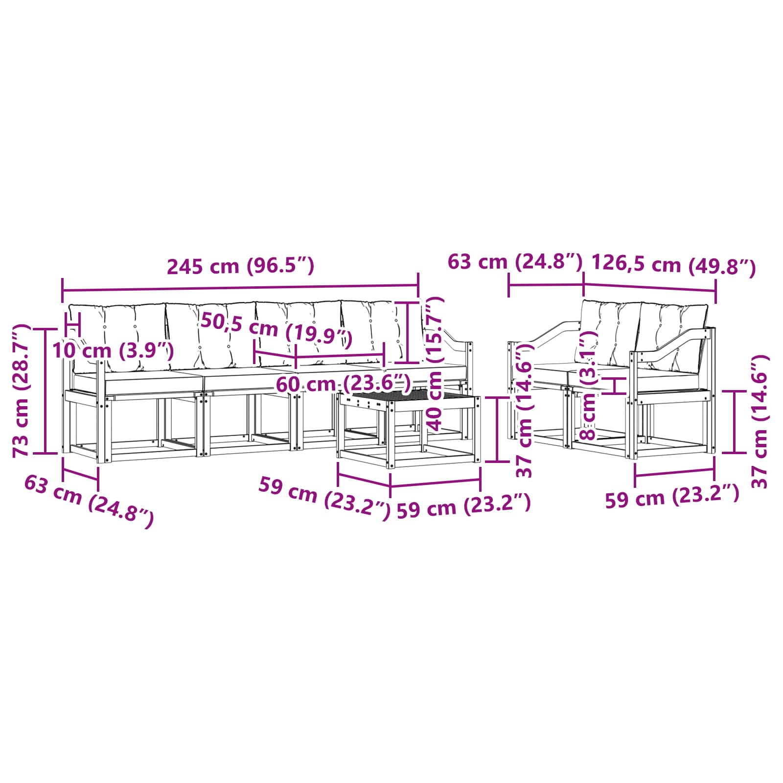 Zunanja garnitura za sedenje z blazino 7 pcs Naravna in črna - slika 9