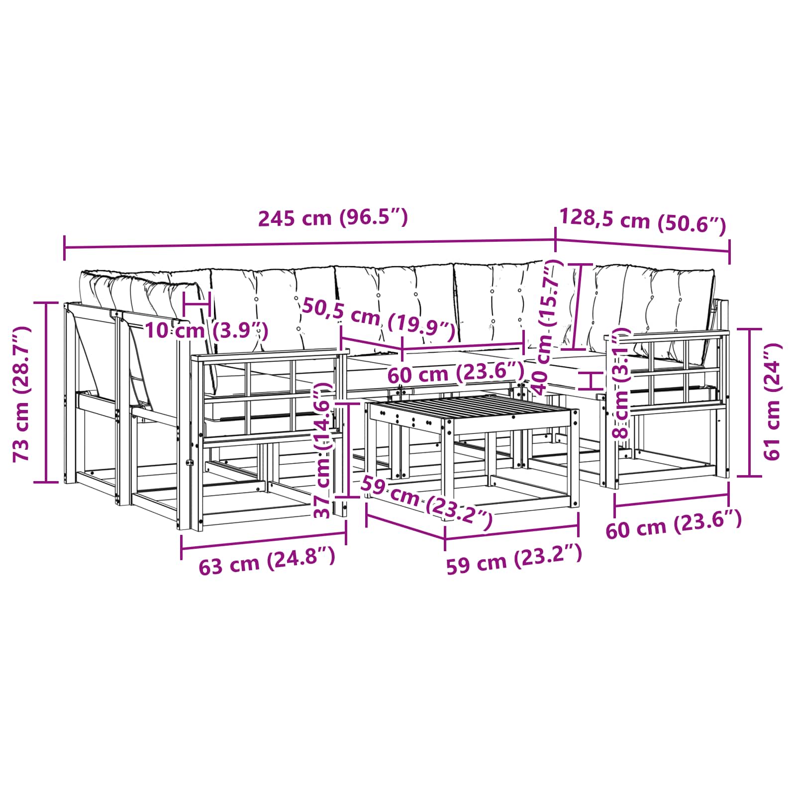 Zunanja garnitura za sedenje z blazino 7 pcs Naravna in črna - slika 10