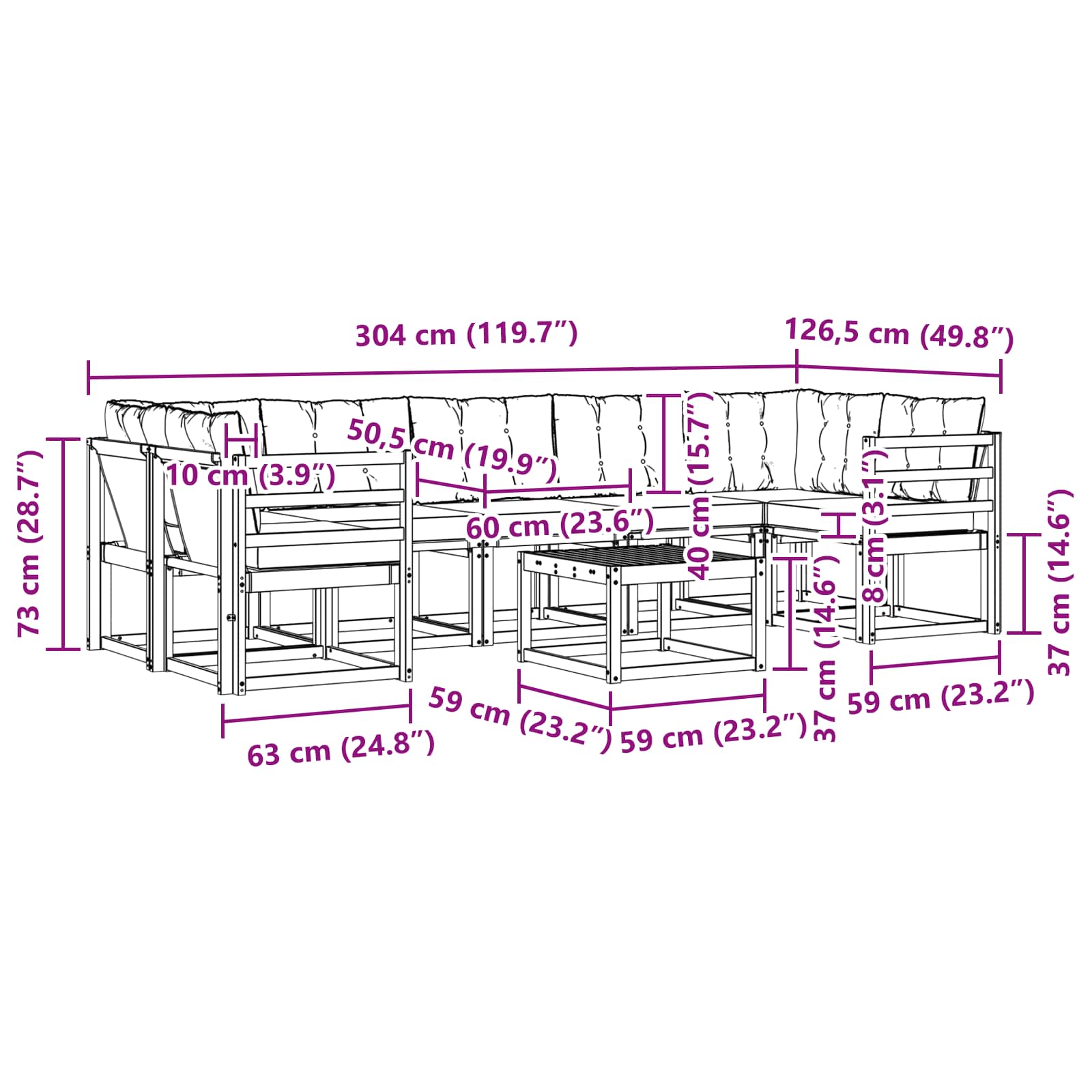 Zunanja garnitura za sedenje 8 pcs Naravna in svetlo siva - slika 10
