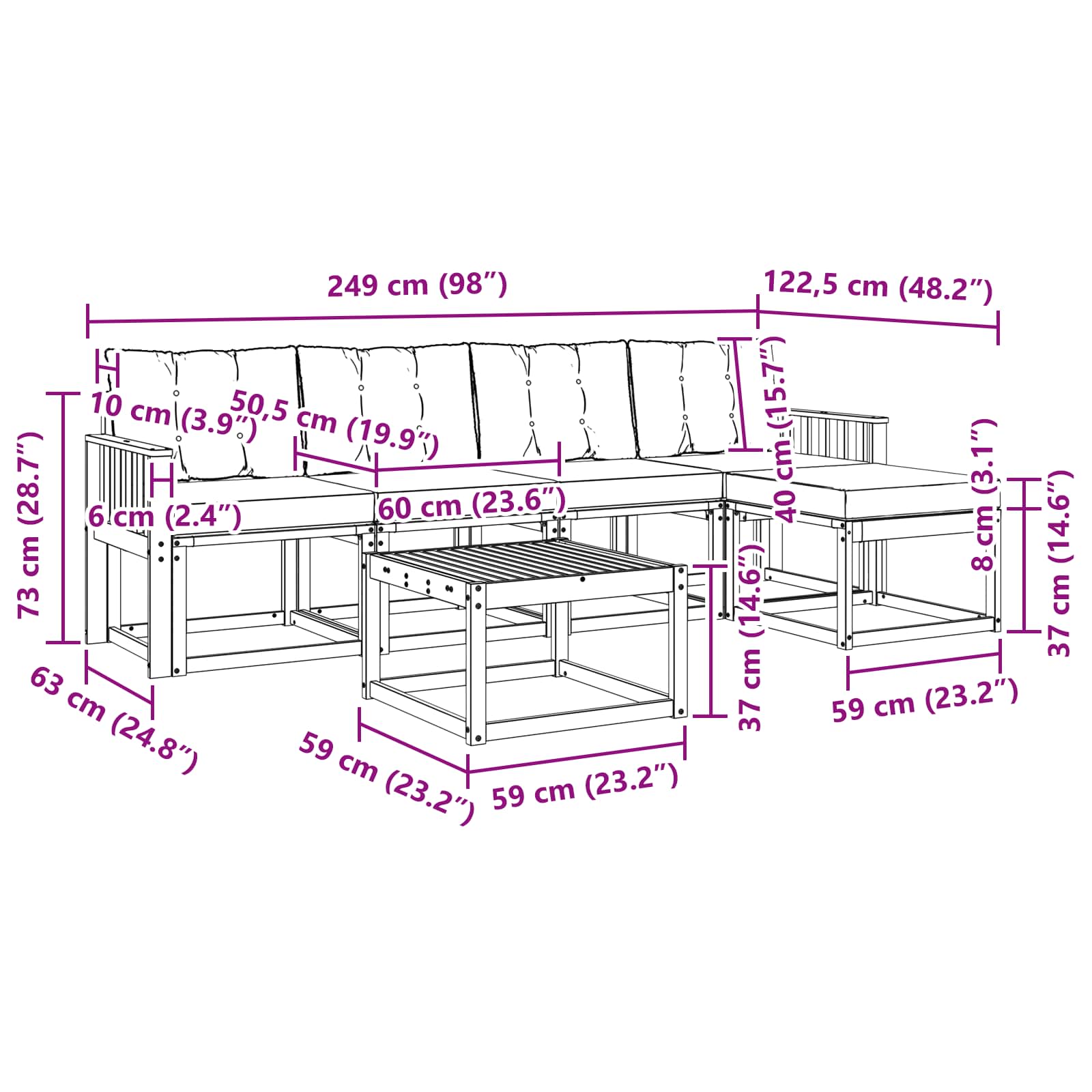 Zunanja garnitura za sedenje 6 pcs Naravna in svetlo siva - slika 10