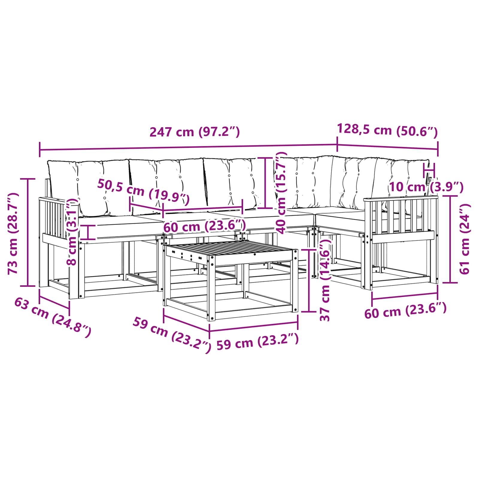 Zunanja garnitura za sedenje z blazino 6 pcs Naravna in črna - slika 11