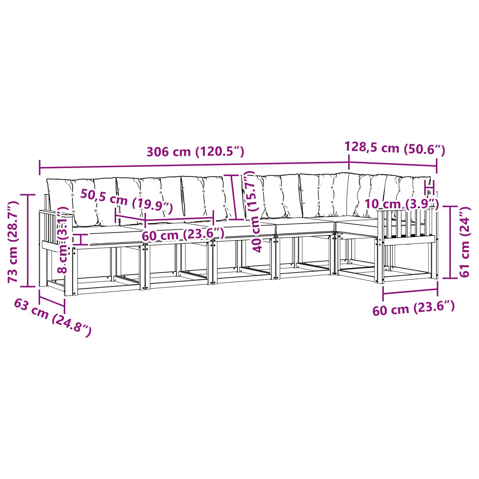 Zunanja garnitura za sedenje z blazino 6 pcs Naravna in bež - slika 8