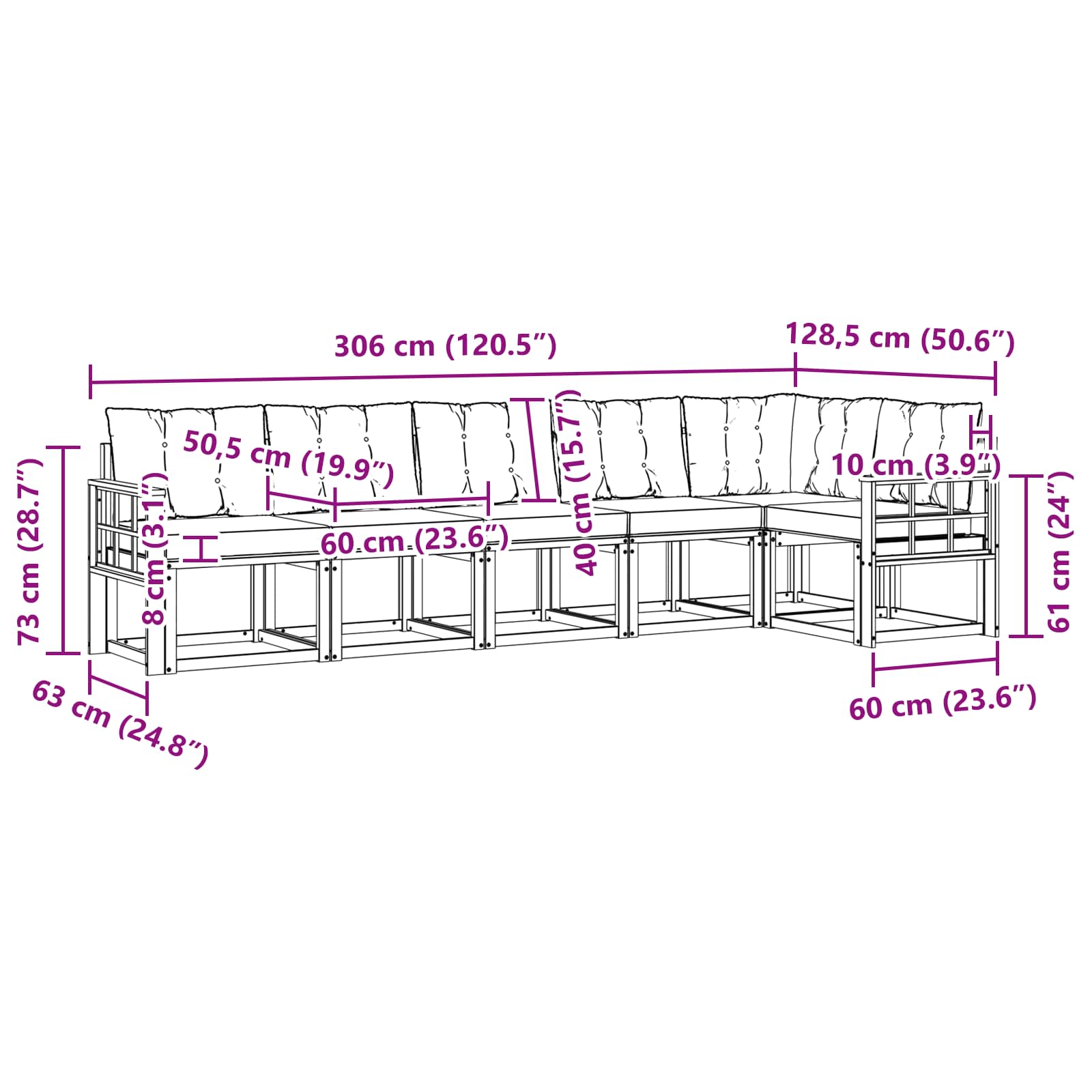 Zunanja garnitura za sedenje z blazino 6 pcs Naravna in smetana - slika 8