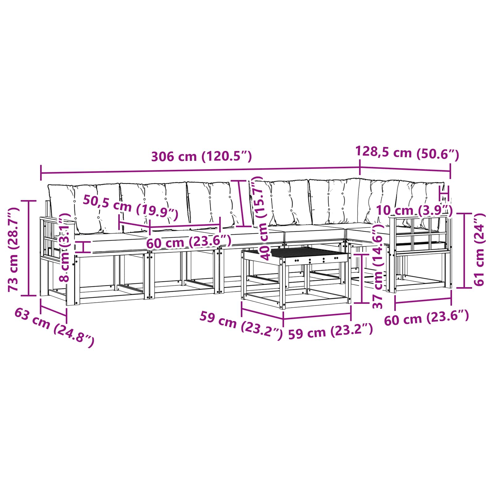 Zunanja garnitura za sedenje z blazino 7 pcs Naravna in črna - slika 11