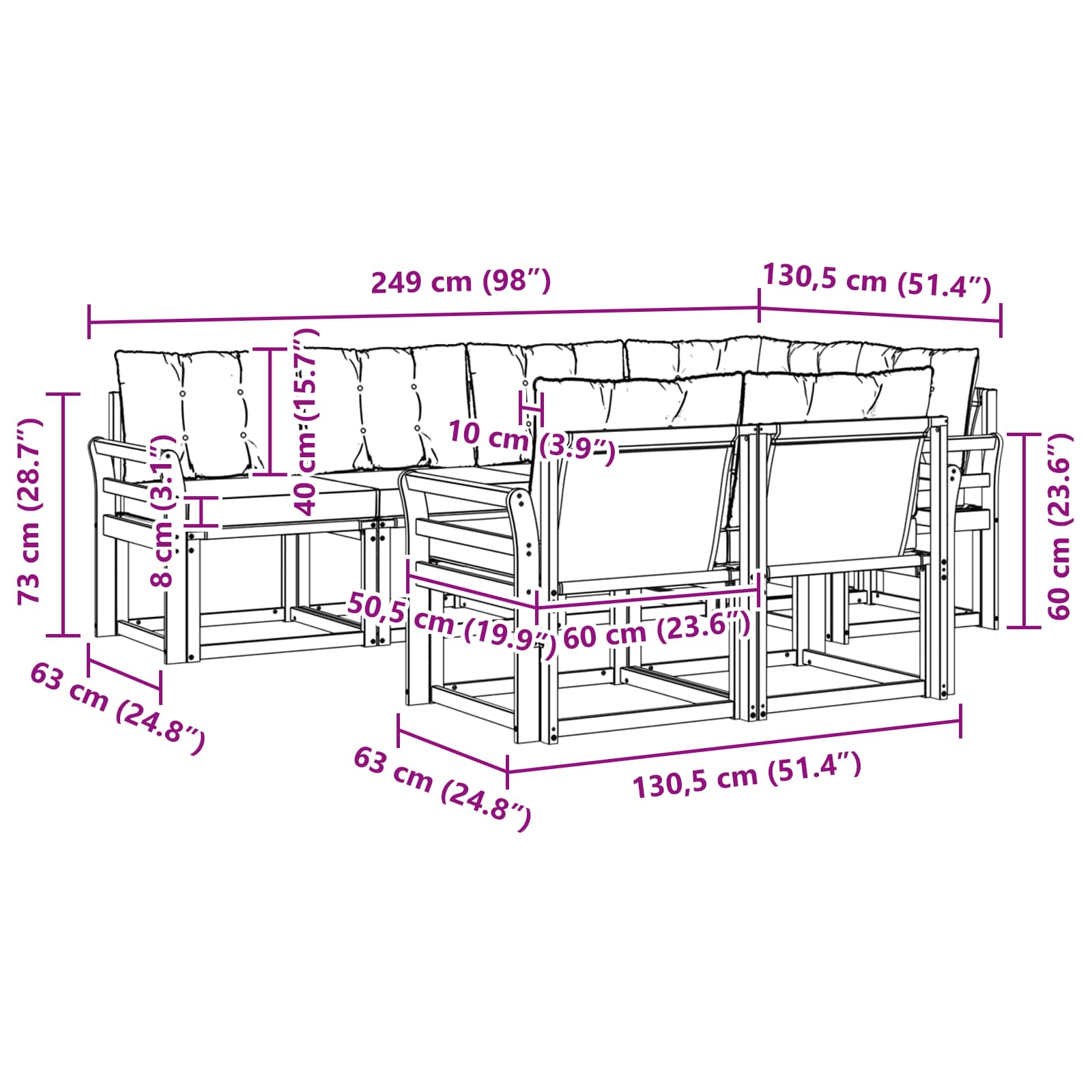 Zunanja garnitura za sedenje z blazino 7 pcs Naravna in bež - slika 8