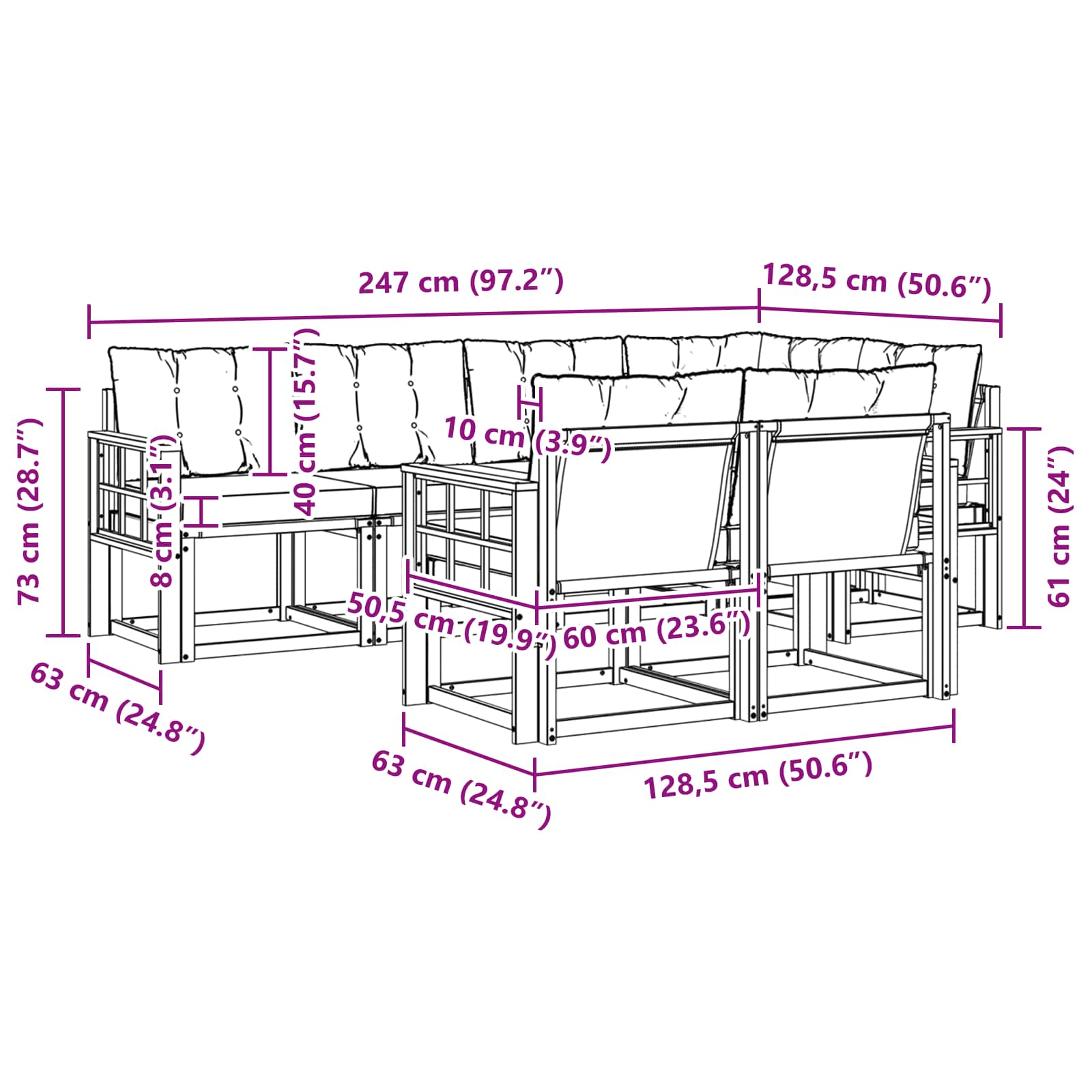 Zunanja garnitura za sedenje z blazino 7 pcs Naravna in črna - slika 8