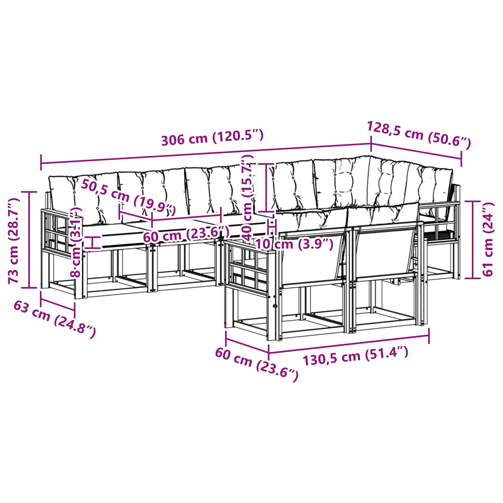 Zunanja garnitura za sedenje z blazino 8 pcs Naravna in bež - slika 9