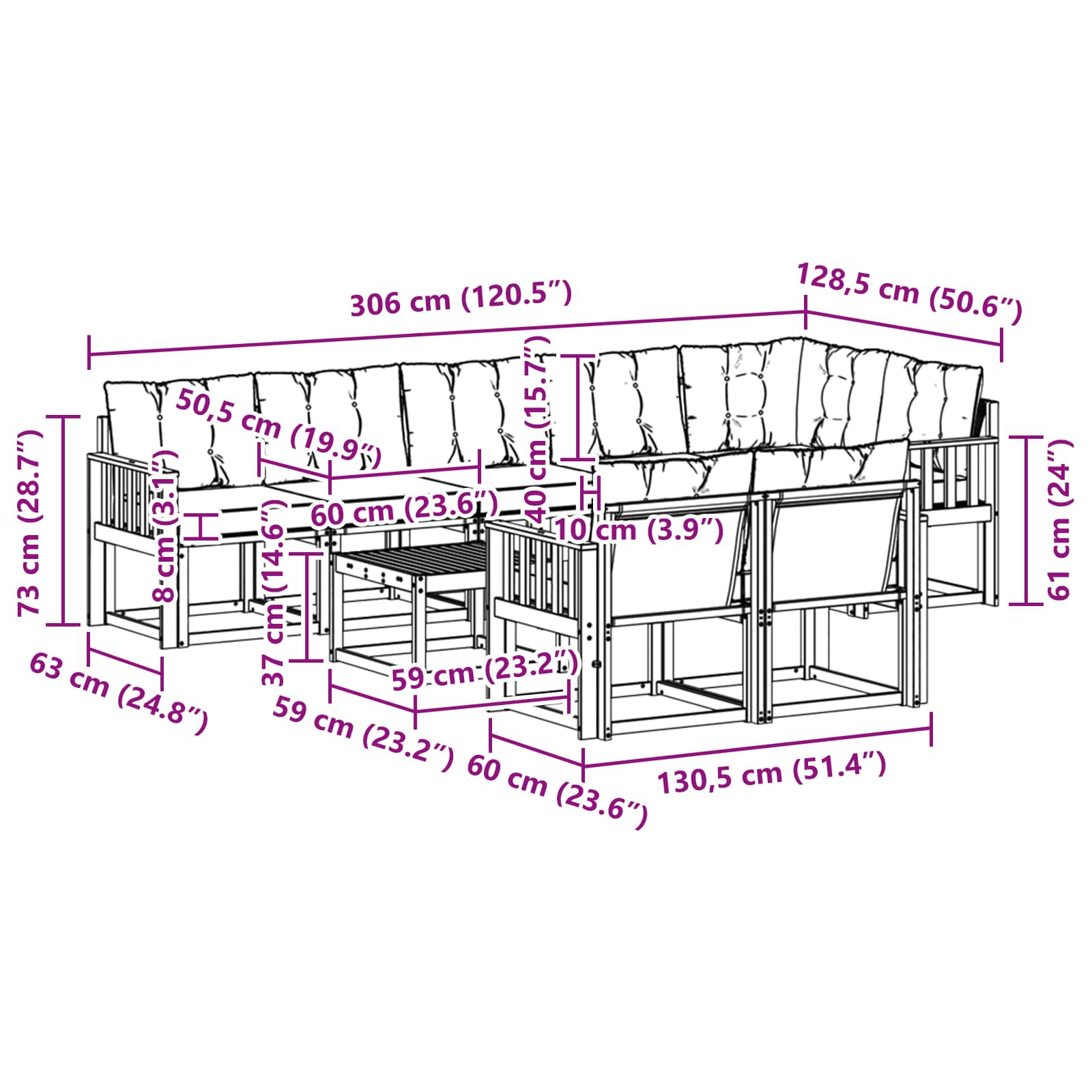 Zunanja garnitura za sedenje 9 pcs Naravna in svetlo siva - slika 11