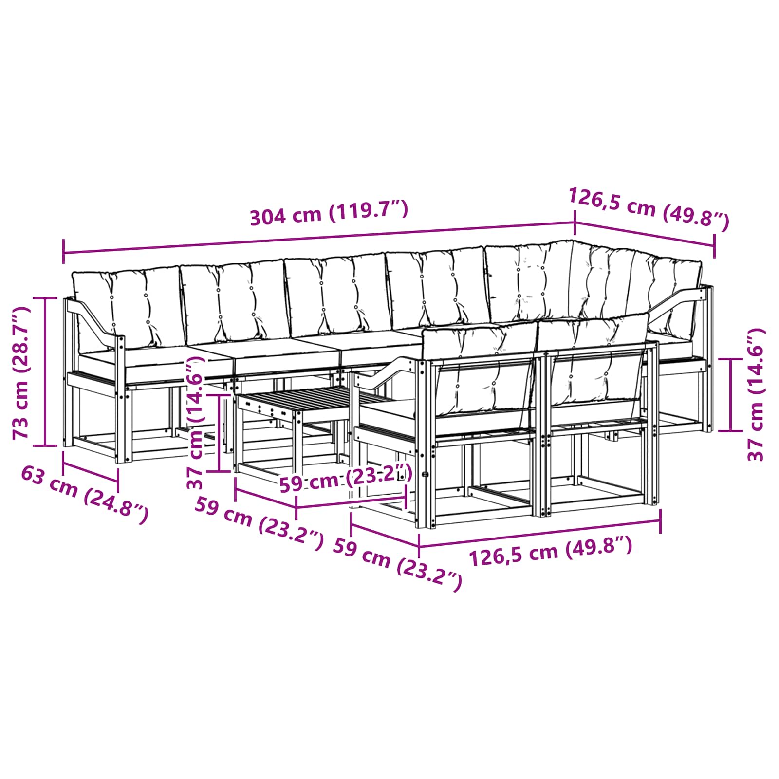 Zunanja garnitura za sedenje z blazino 9 pcs Naravna in bež - slika 10