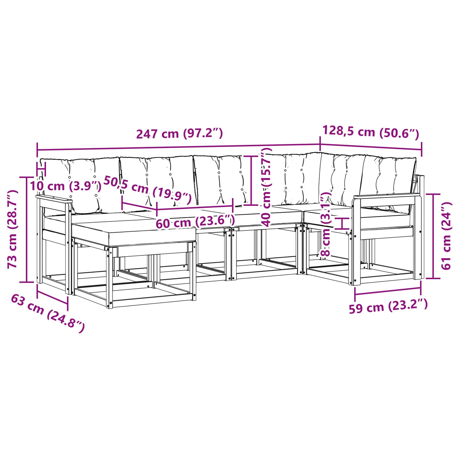 Zunanja garnitura za sedenje z blazino 6 pcs Naravna in smetana - slika 10