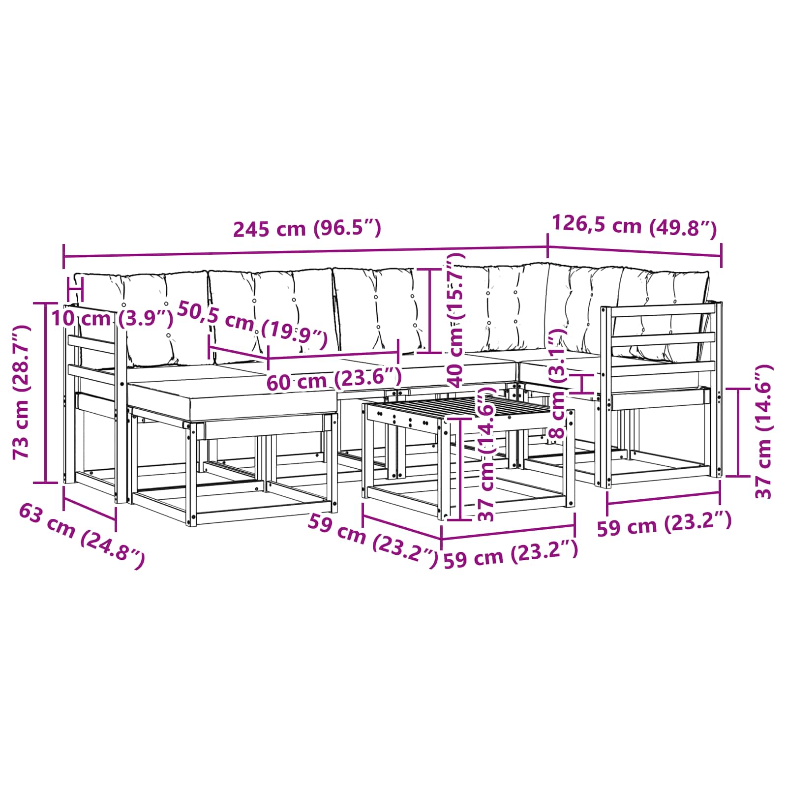 Zunanja garnitura za sedenje z blazino 7 pcs Naravna in črna - slika 12