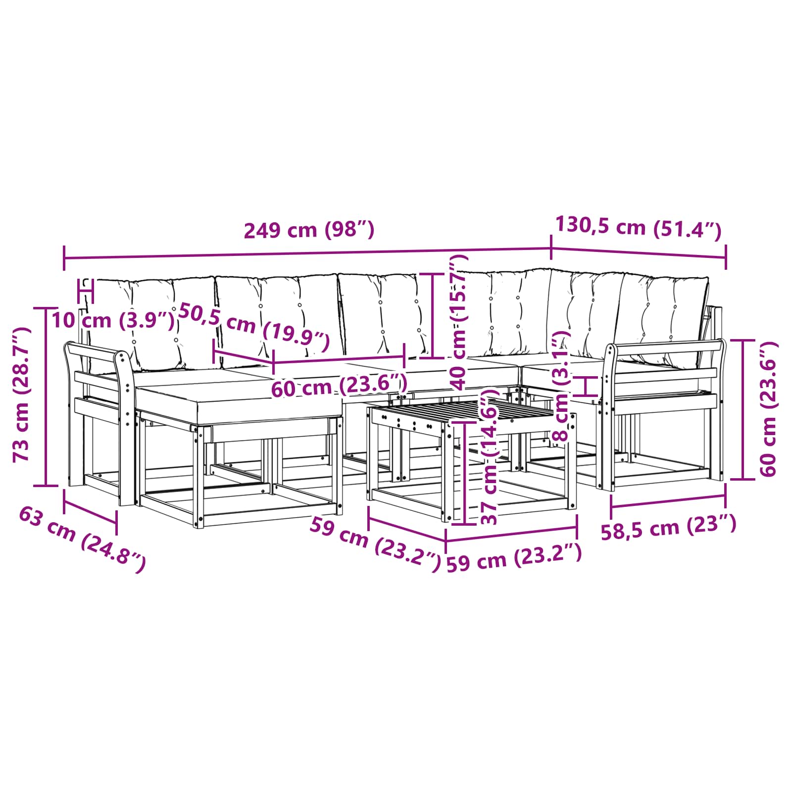 Zunanja garnitura za sedenje z blazino 7 pcs Naravna in črna - slika 12