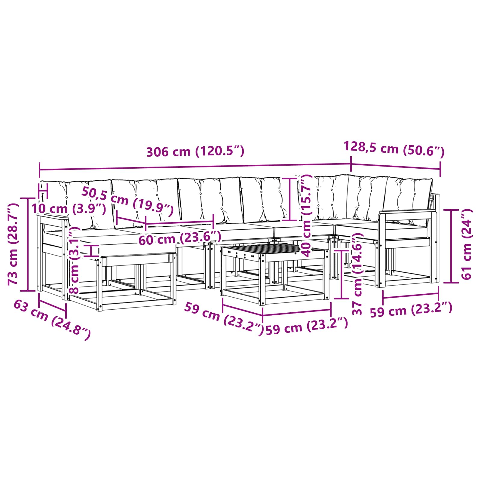 Zunanja garnitura za sedenje z blazino 8 pcs Naravna in smetana - slika 12