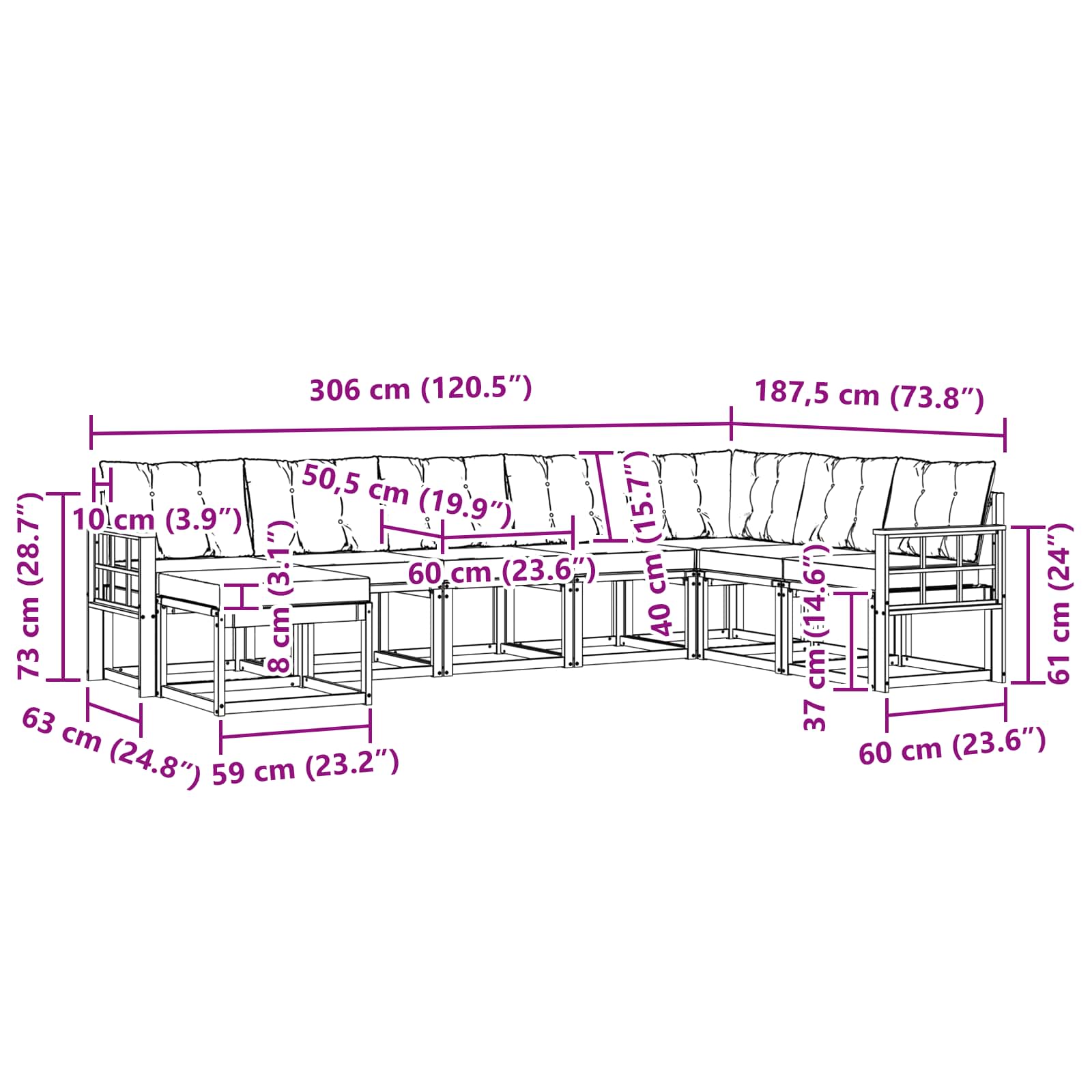 Zunanja garnitura za sedenje 8 pcs Naravna in svetlo siva - slika 10