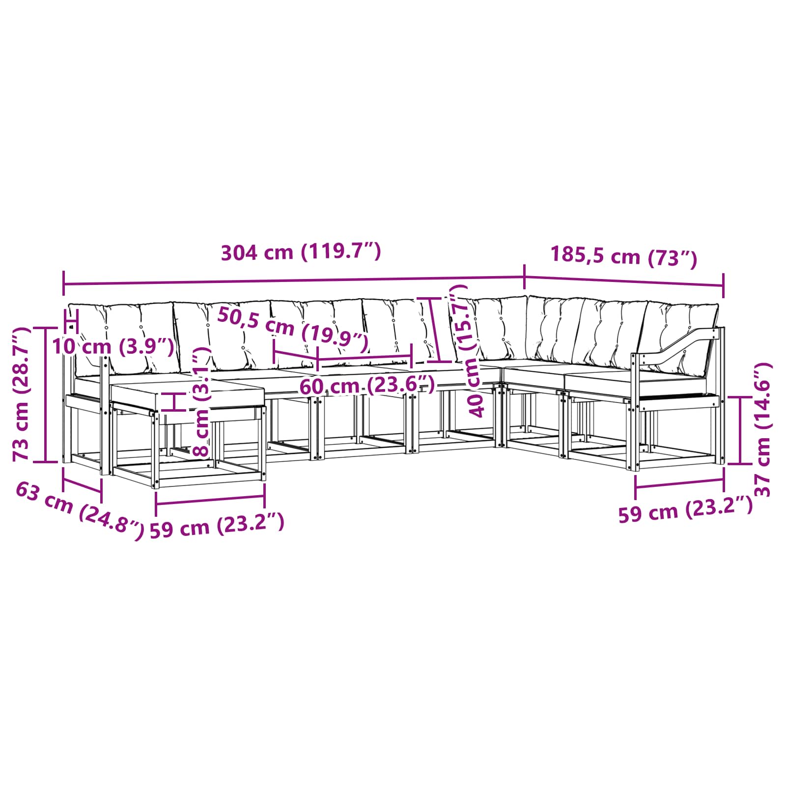 Zunanja garnitura za sedenje z blazino 8 pcs Naravna in smetana - slika 10