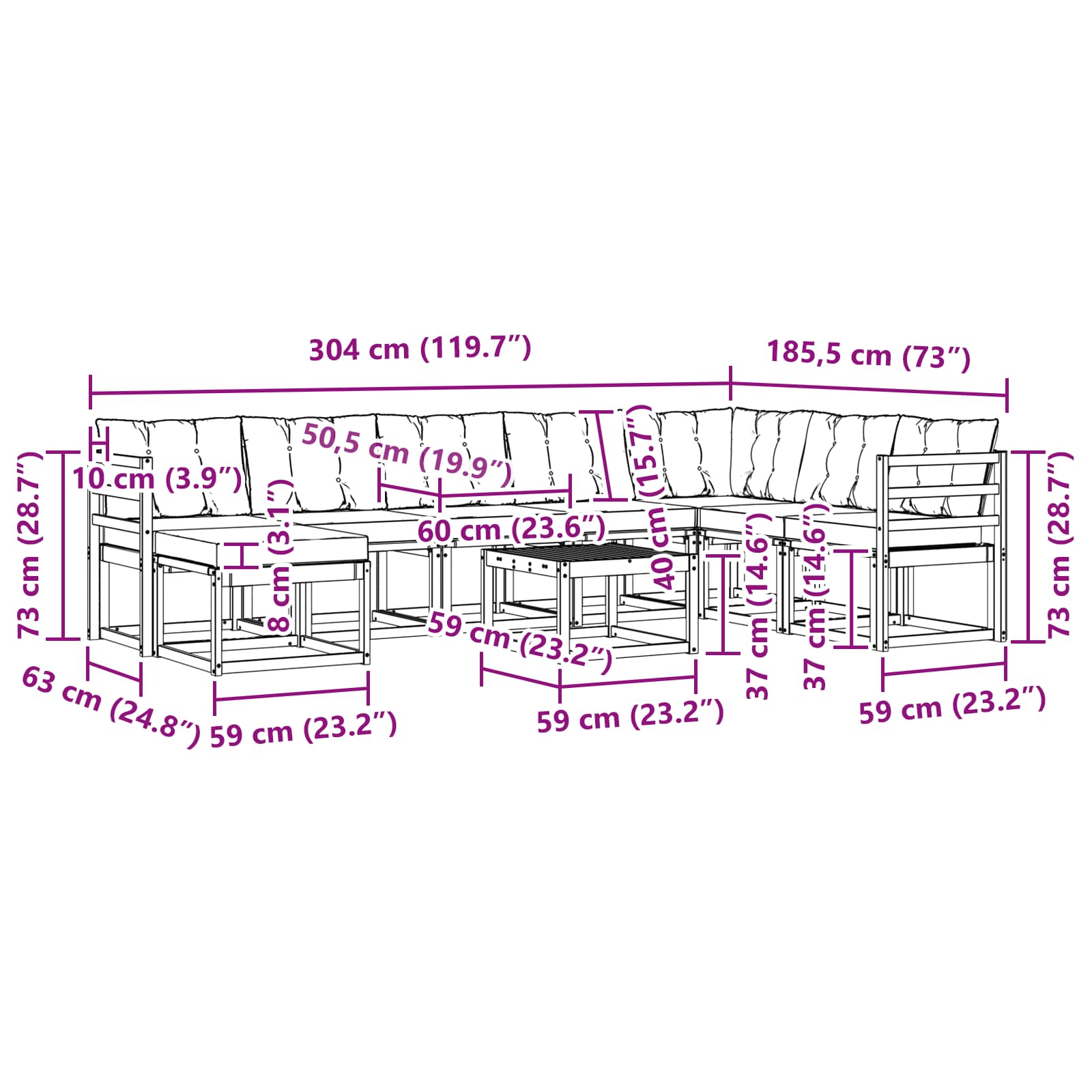 Zunanja garnitura za sedenje z blazino 9 pcs Naravna in črna - slika 12