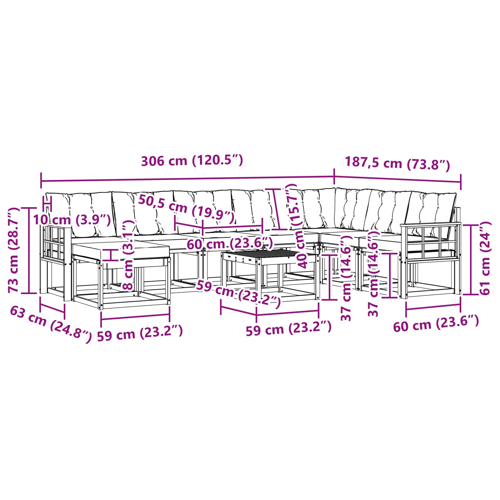 Zunanja garnitura za sedenje 9 pcs Naravna in svetlo siva - slika 12