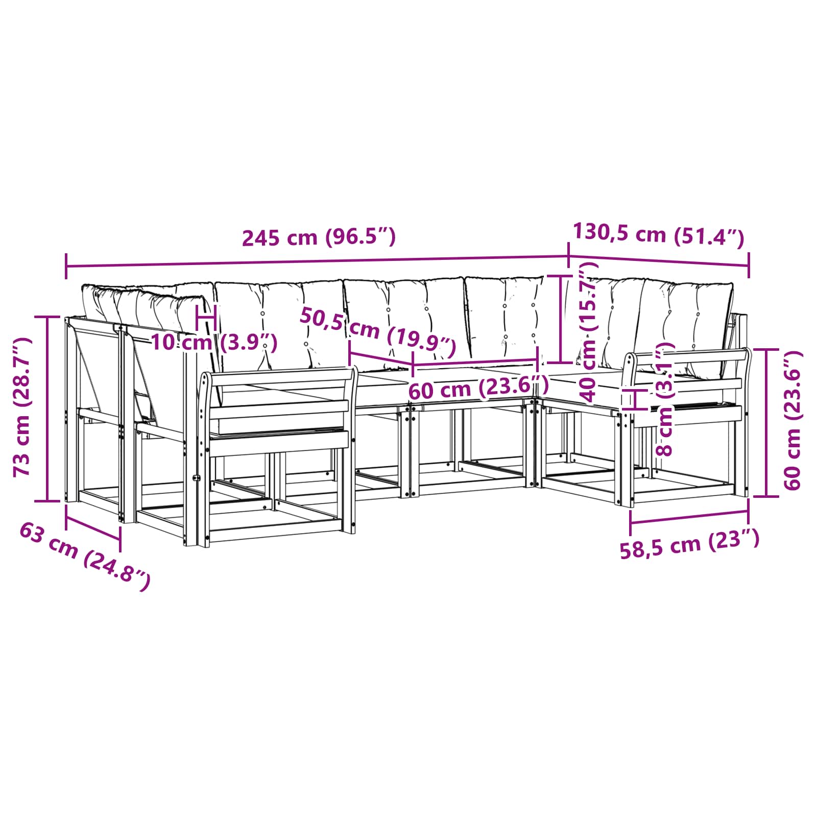 Zunanja garnitura za sedenje z blazino 6 pcs Naravna in smetana - slika 8
