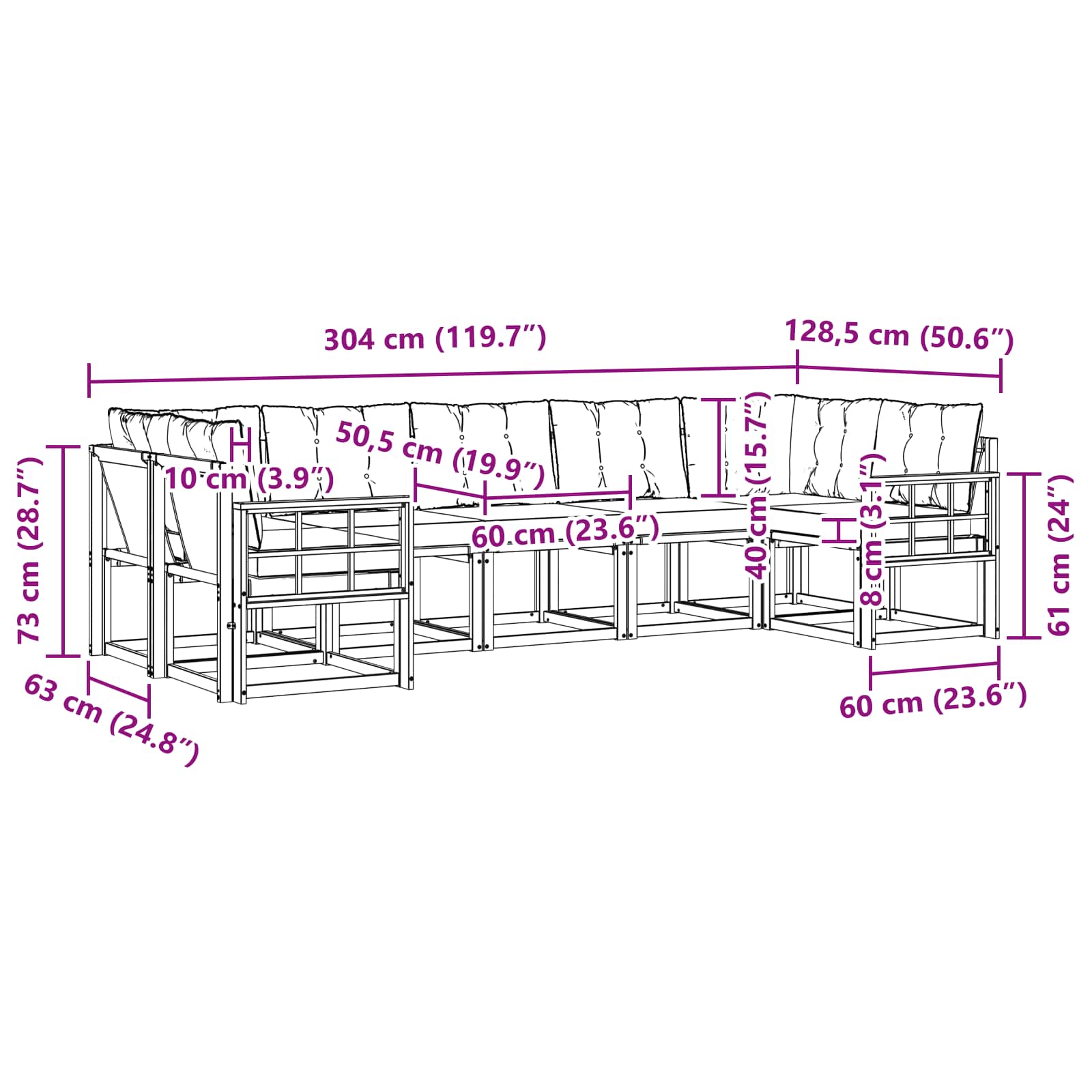 Zunanja garnitura za sedenje z blazino 7 pcs Naravna in bež - slika 8