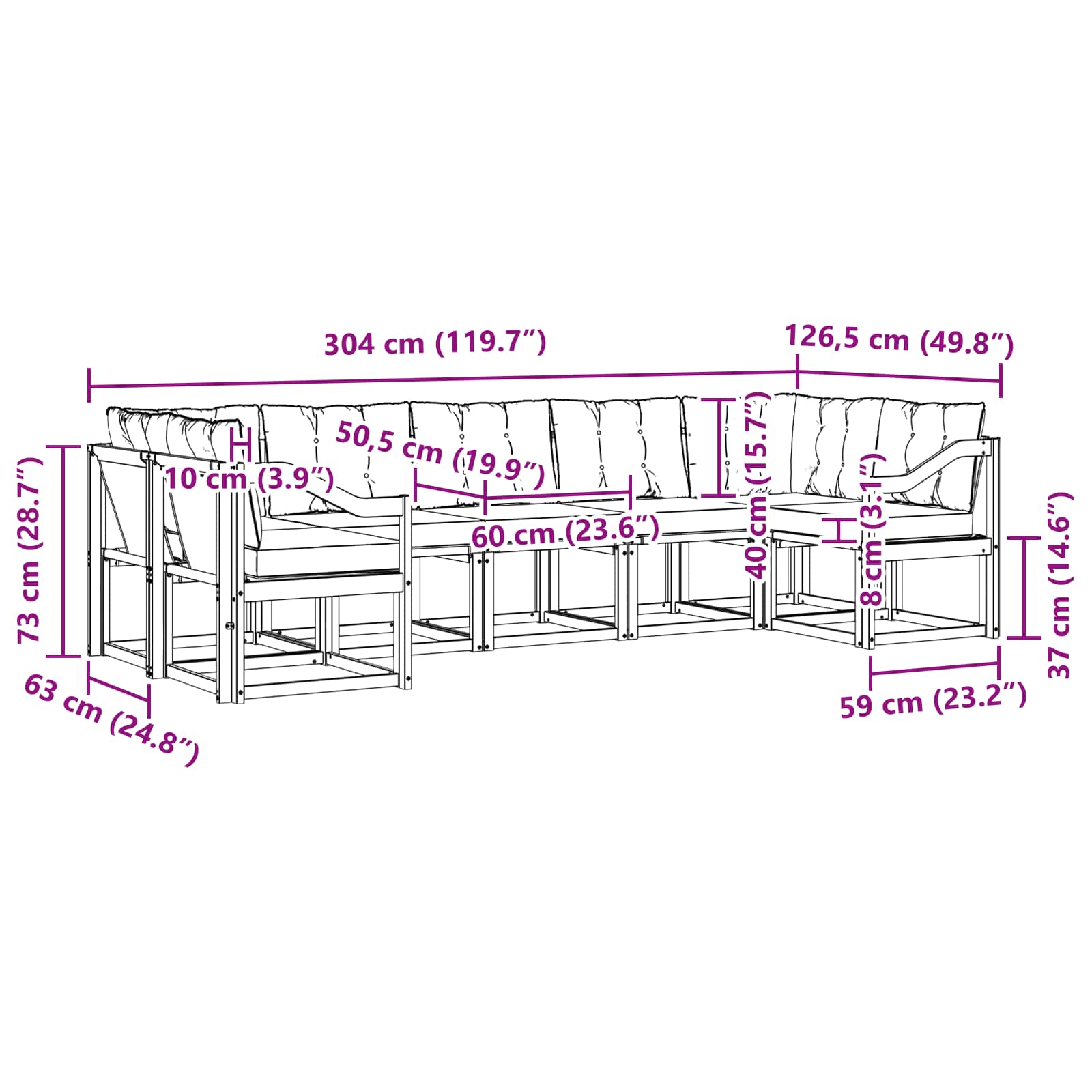 Zunanja garnitura za sedenje z blazino 7 pcs Naravna in smetana - slika 8