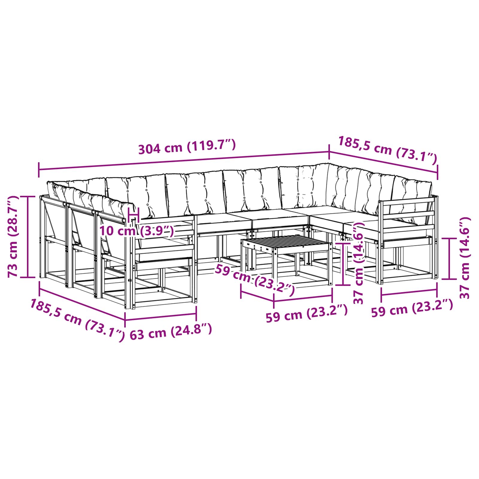 Zunanja garnitura za sedenje z blazino 10 pcs Naravna in črna - slika 9
