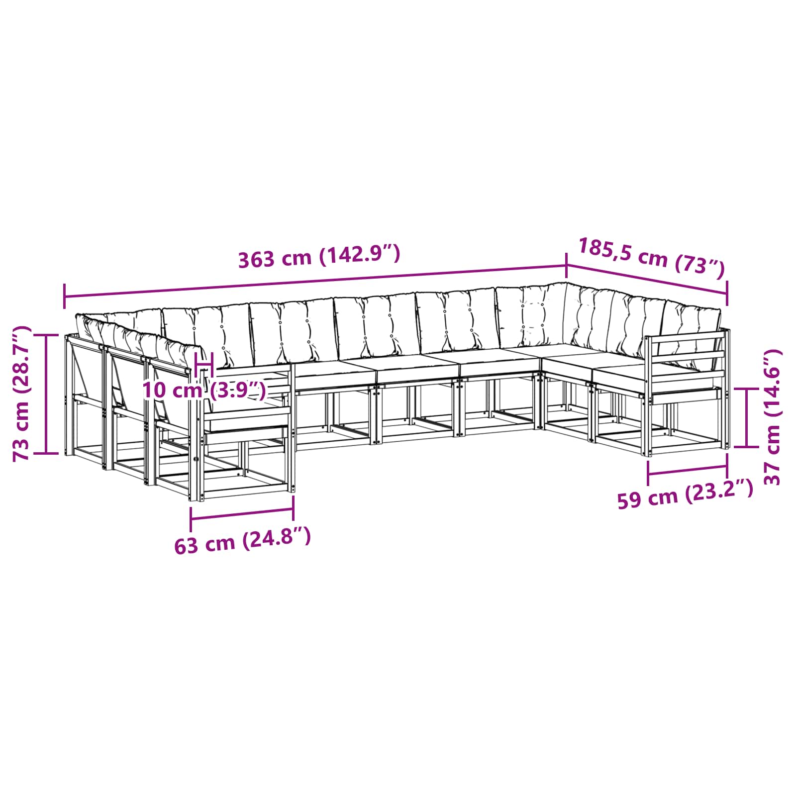 Zunanja garnitura za sedenje z blazino 10 pcs Naravna in bež - slika 8