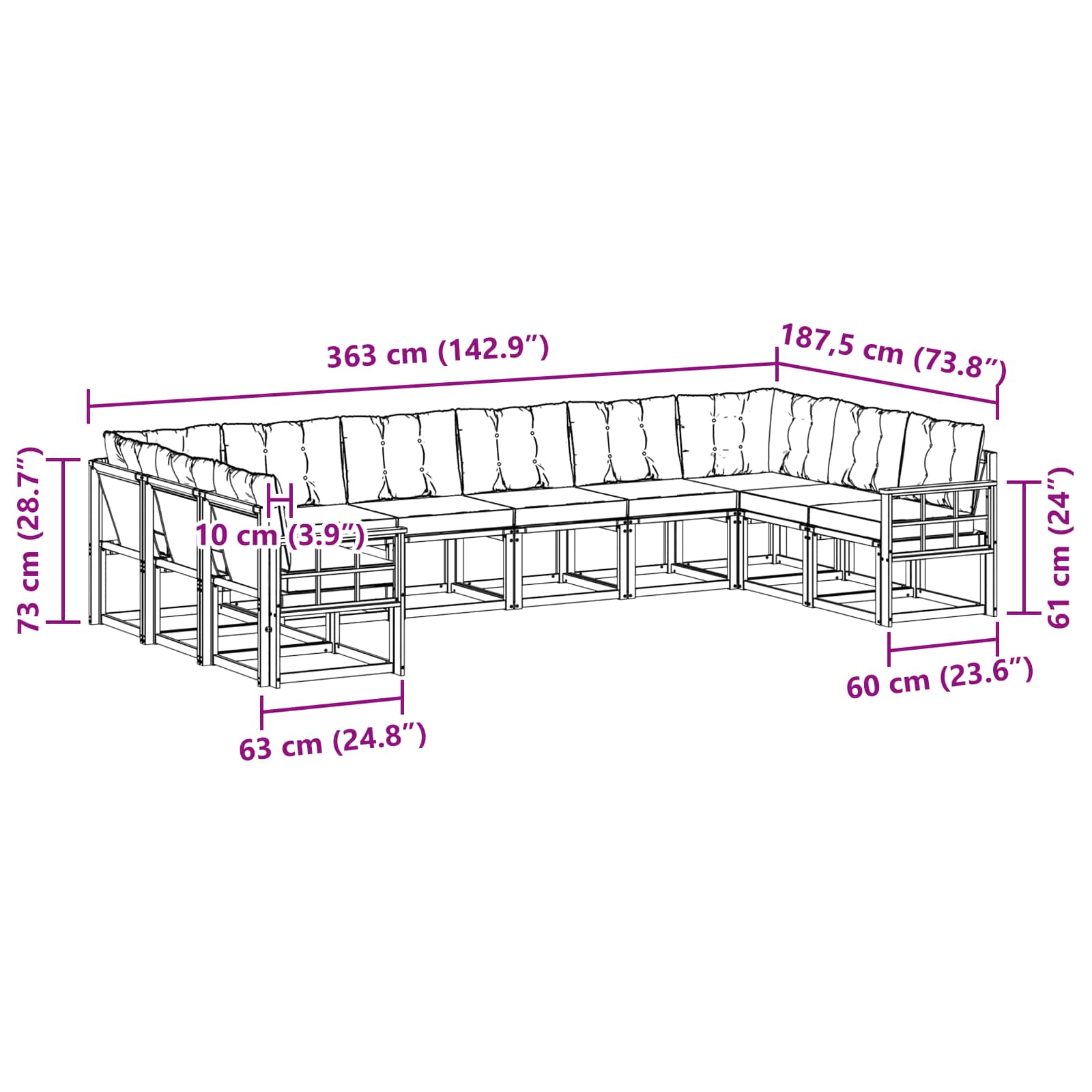 Zunanja garnitura za sedenje z blazino 10 pcs Naravna in bež - slika 8