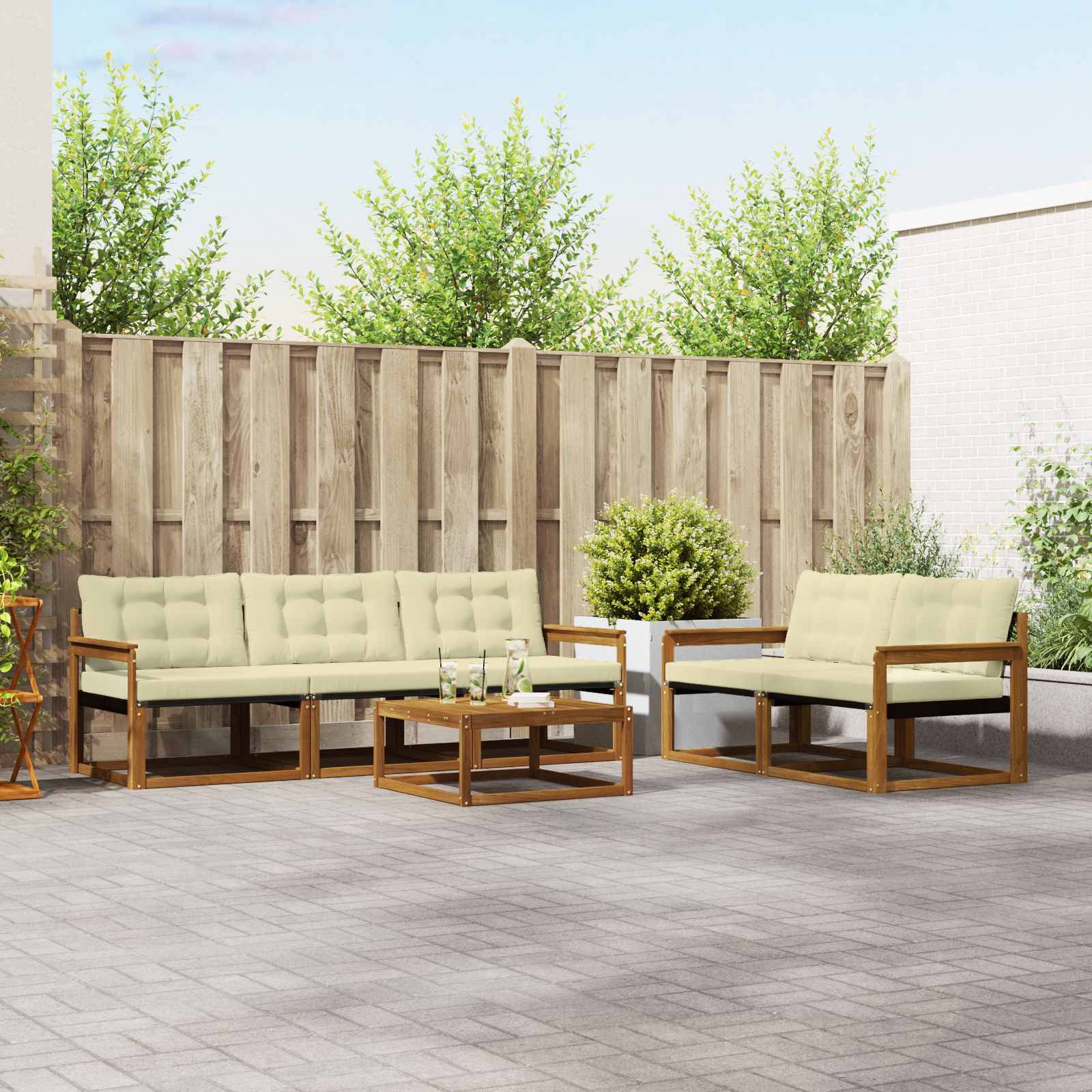 Zunanja garnitura za sedenje z blazino 6 pcs Naravna in smetana