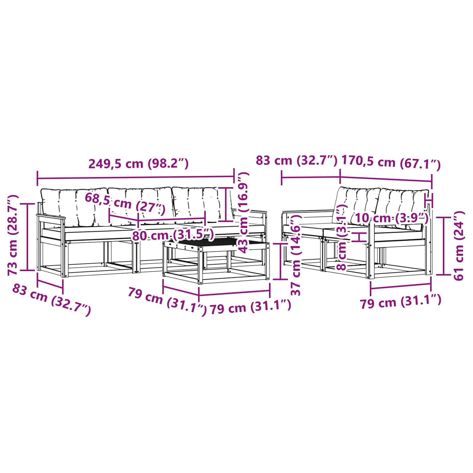 Zunanja garnitura za sedenje z blazino 6 pcs Naravna in smetana - slika 9