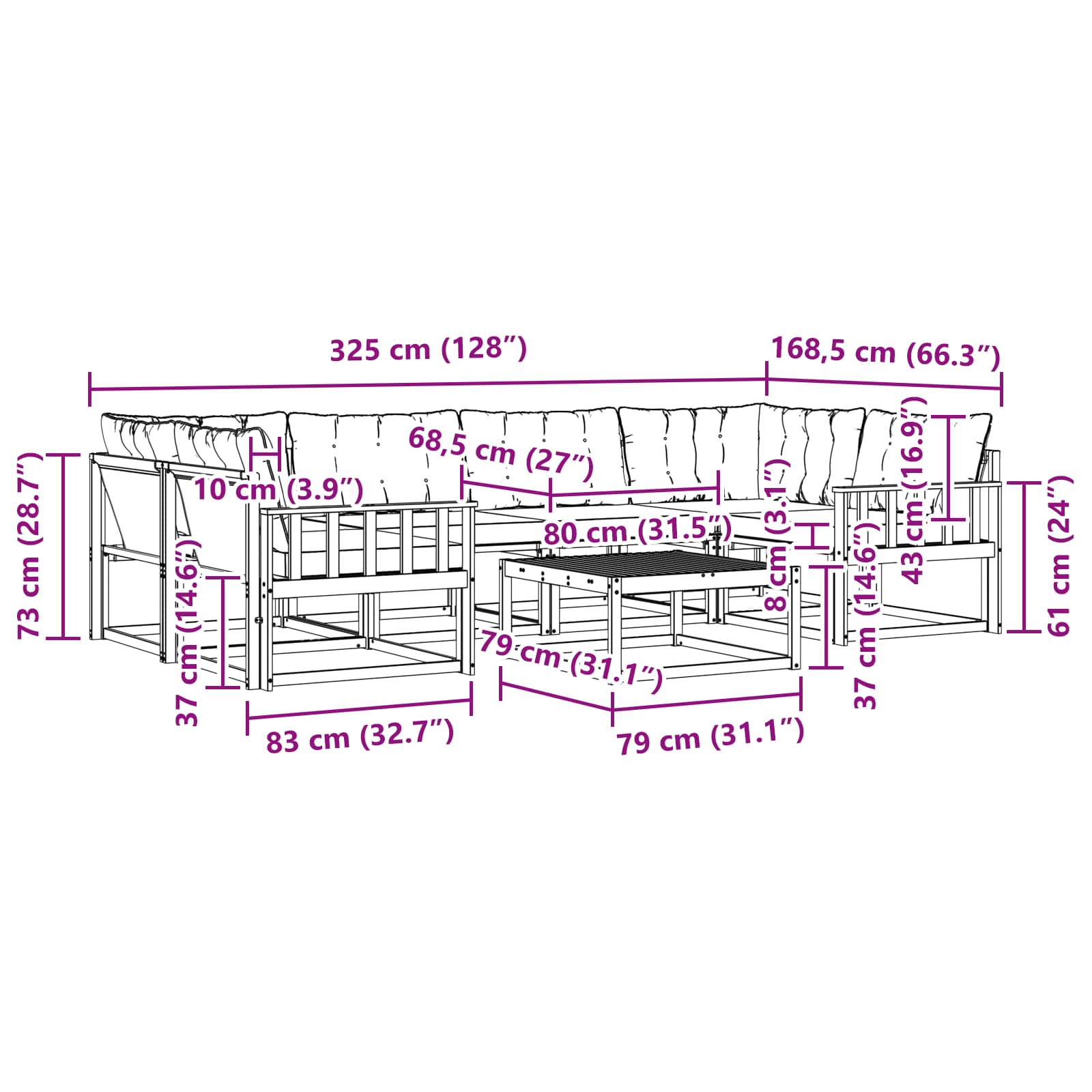 Zunanja garnitura za sedenje z blazino 7 pcs Naravna in bež - slika 10