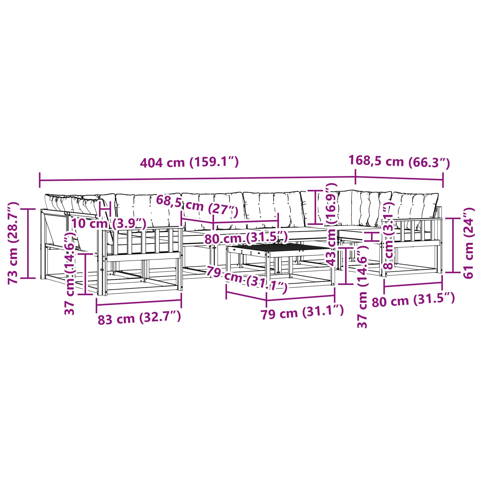 Zunanja garnitura za sedenje z blazino 8 pcs Naravna in bež - slika 10