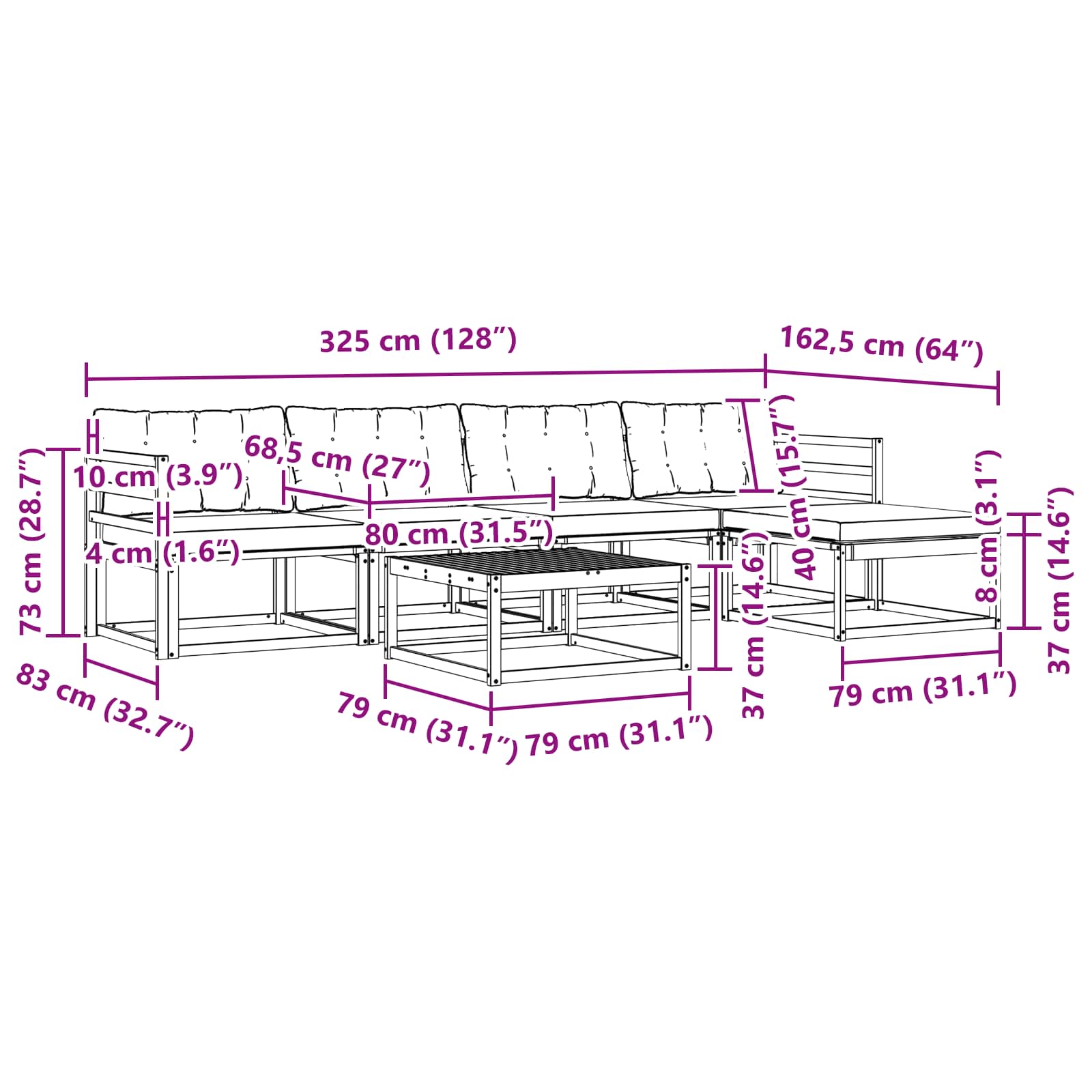 Zunanja garnitura za sedenje z blazino 6 pcs Naravna in črna - slika 10