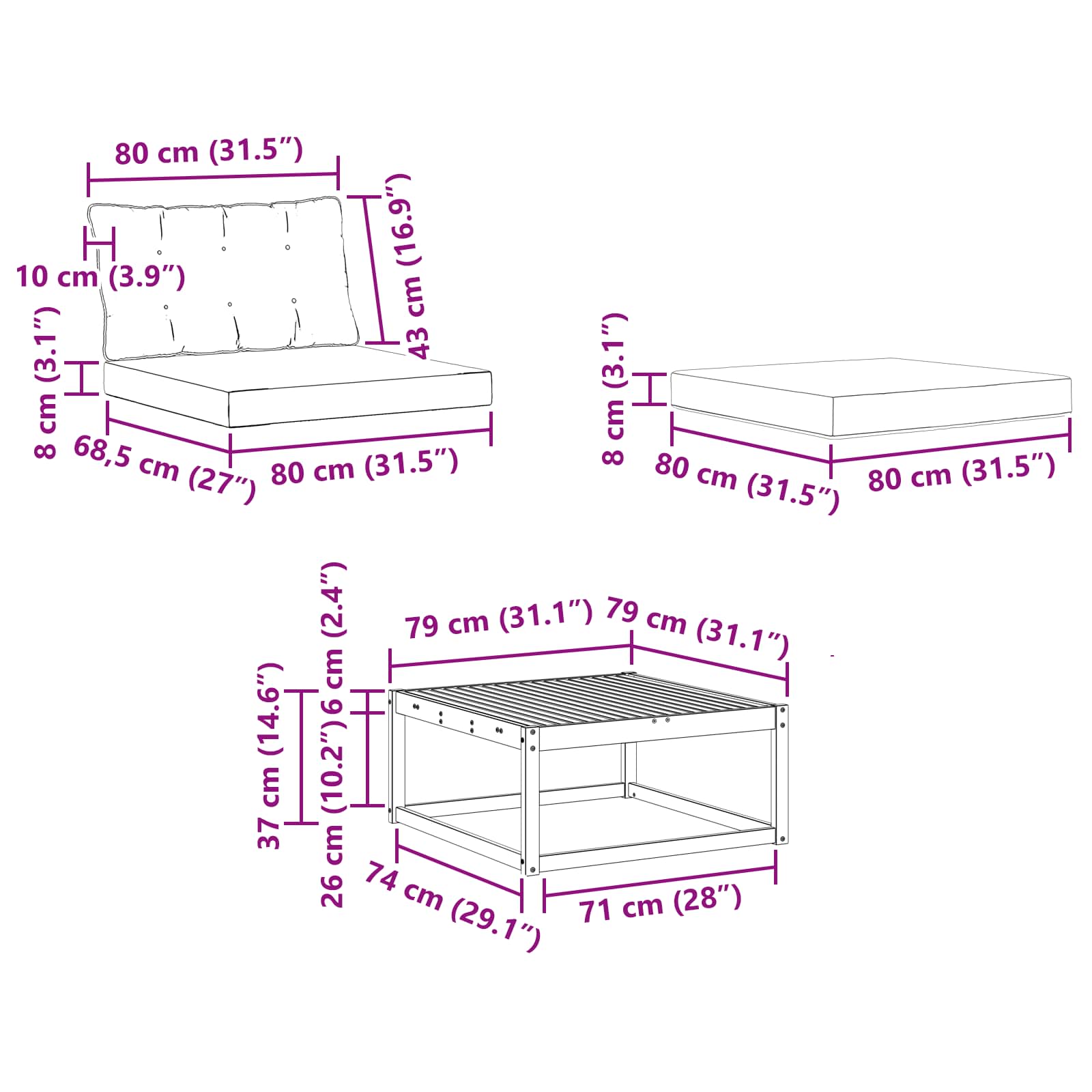 Zunanja garnitura za sedenje z blazino 6 pcs Naravna in črna - slika 12