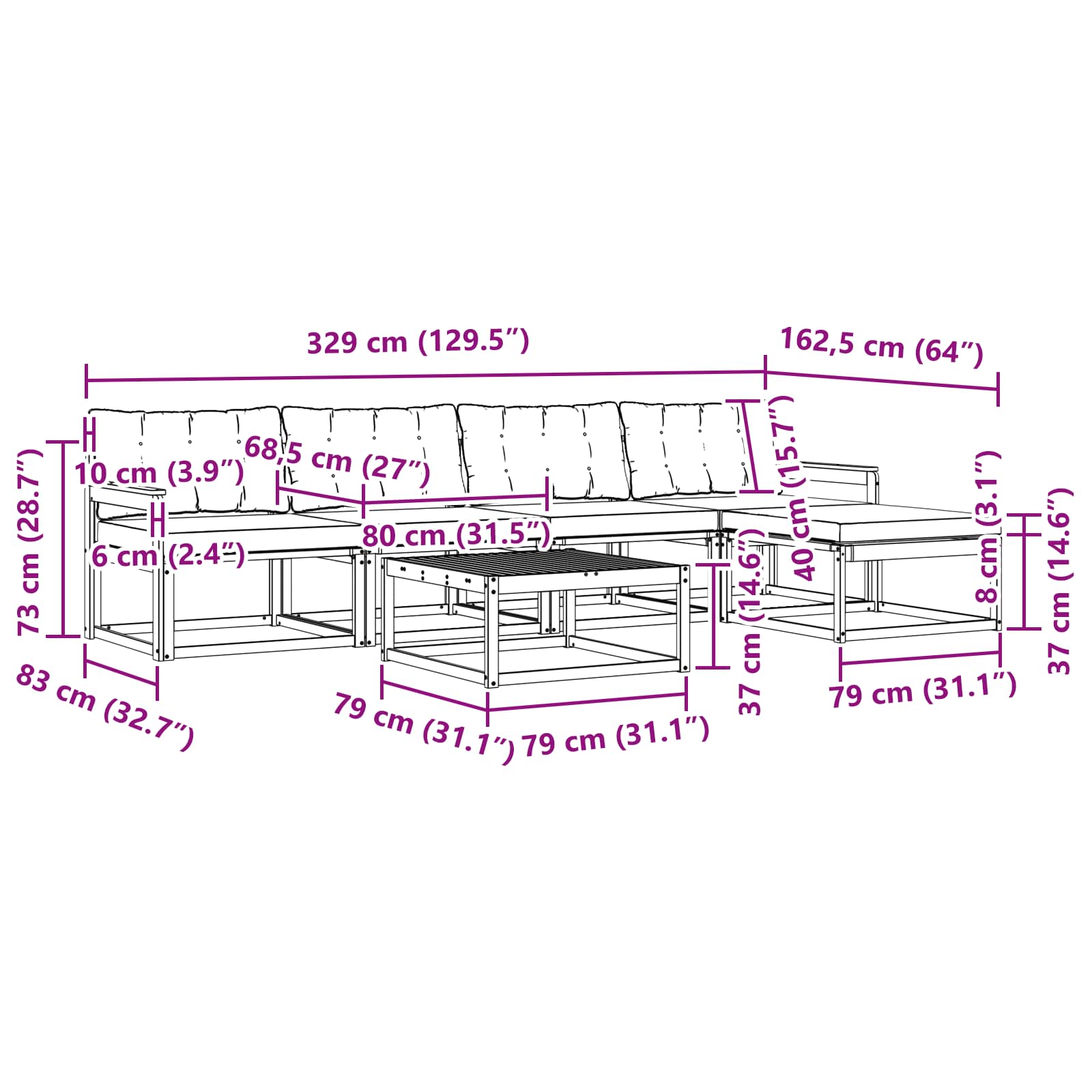 Zunanja garnitura za sedenje z blazino 6 pcs Naravna in črna - slika 10
