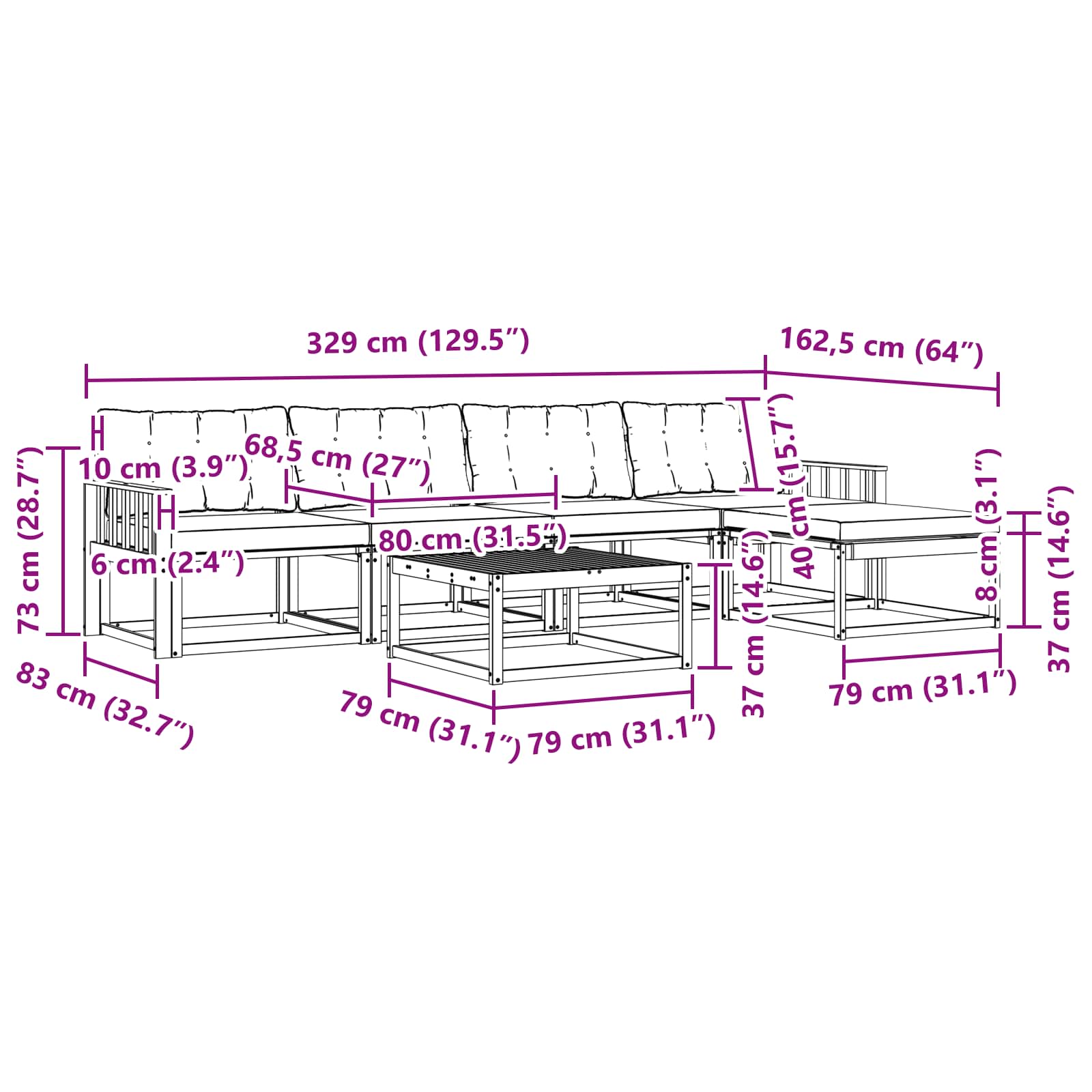 Zunanja garnitura za sedenje 6 pcs Naravna in svetlo siva - slika 10