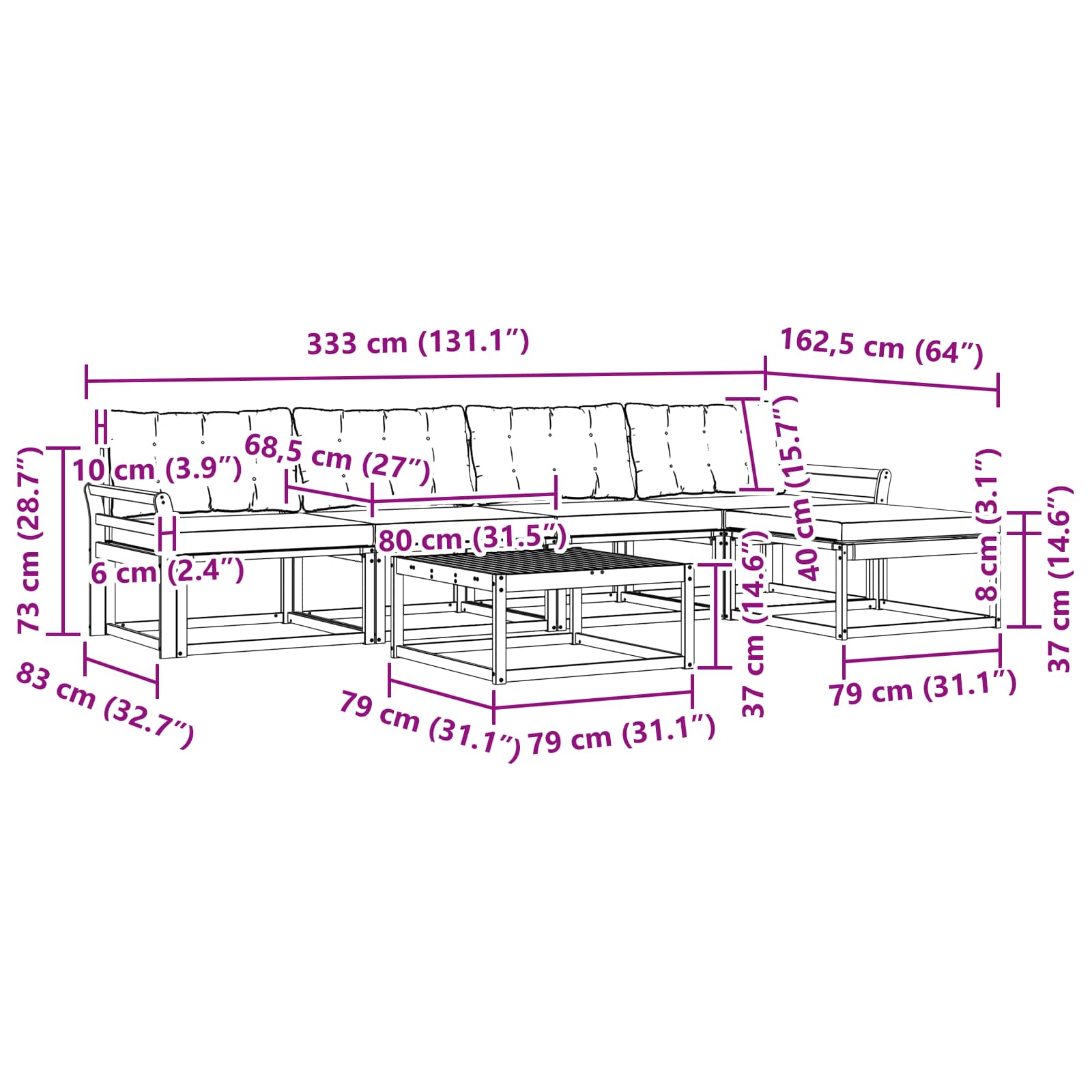 Zunanja garnitura za sedenje z blazino 6 pcs Naravna in smetana - slika 10
