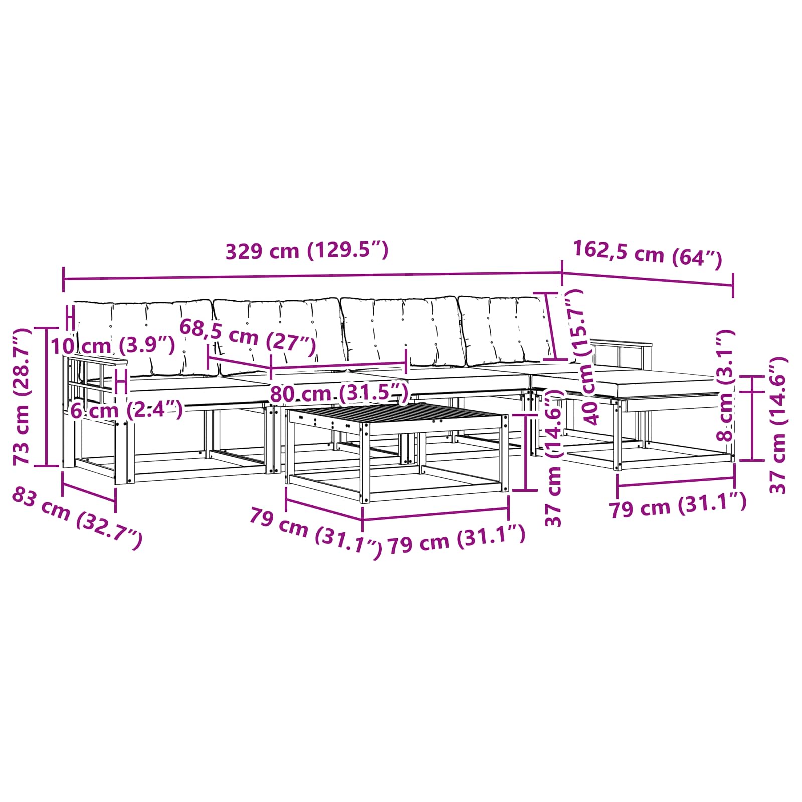 Zunanja garnitura za sedenje z blazino 6 pcs Naravna in bež - slika 10