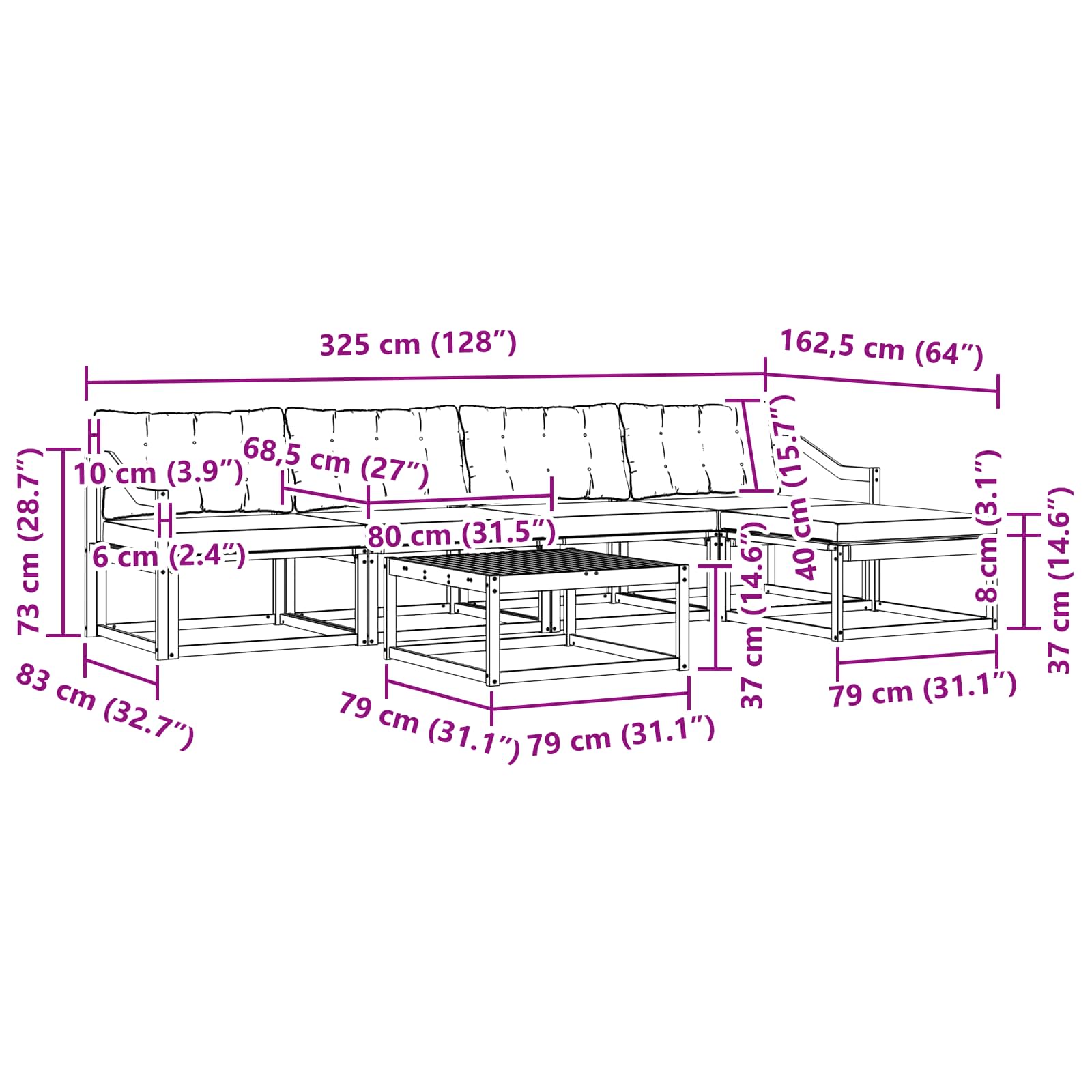 Zunanja garnitura za sedenje z blazino 6 pcs Naravna in smetana - slika 10