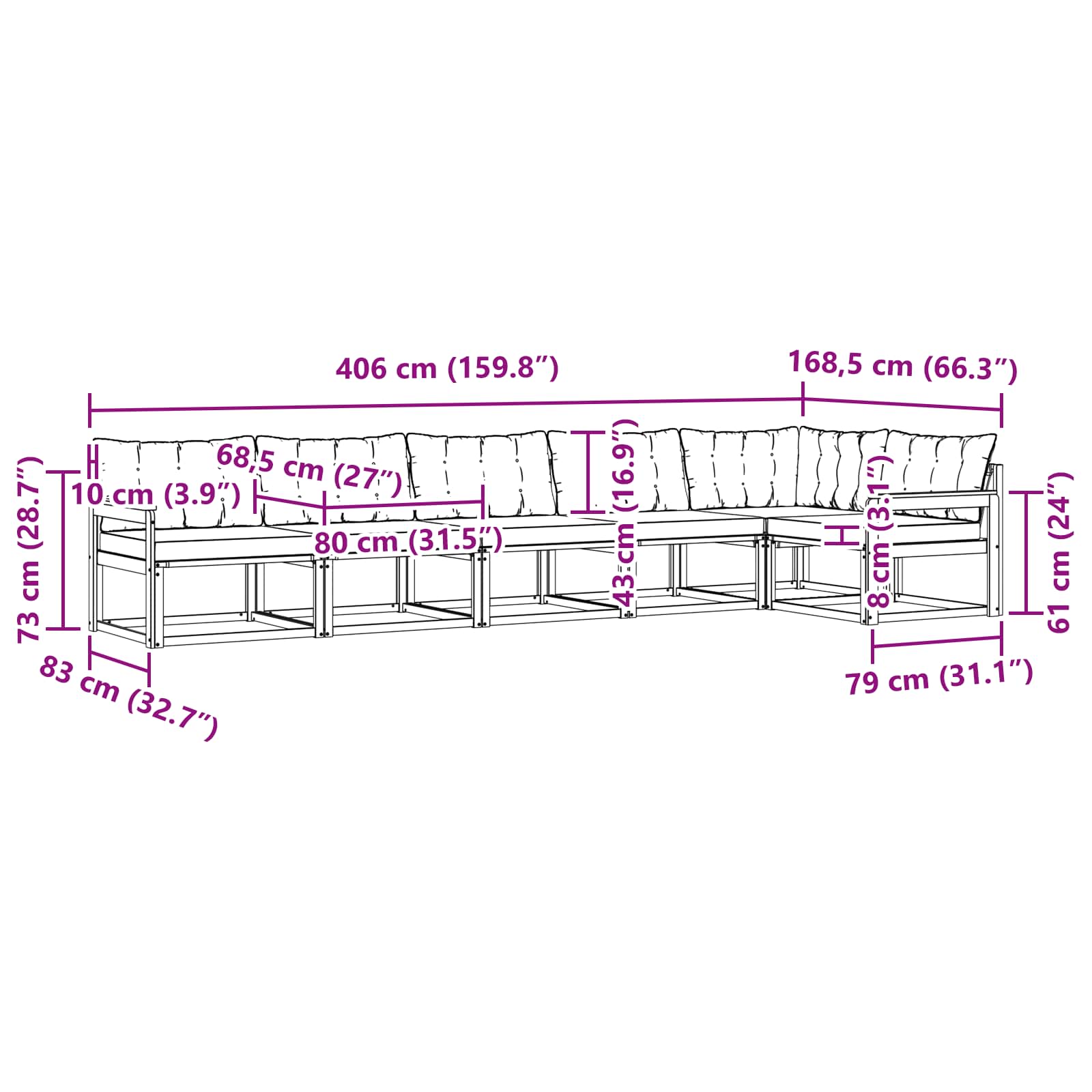 Zunanja garnitura za sedenje z blazino 6 pcs Naravna in črna - slika 9