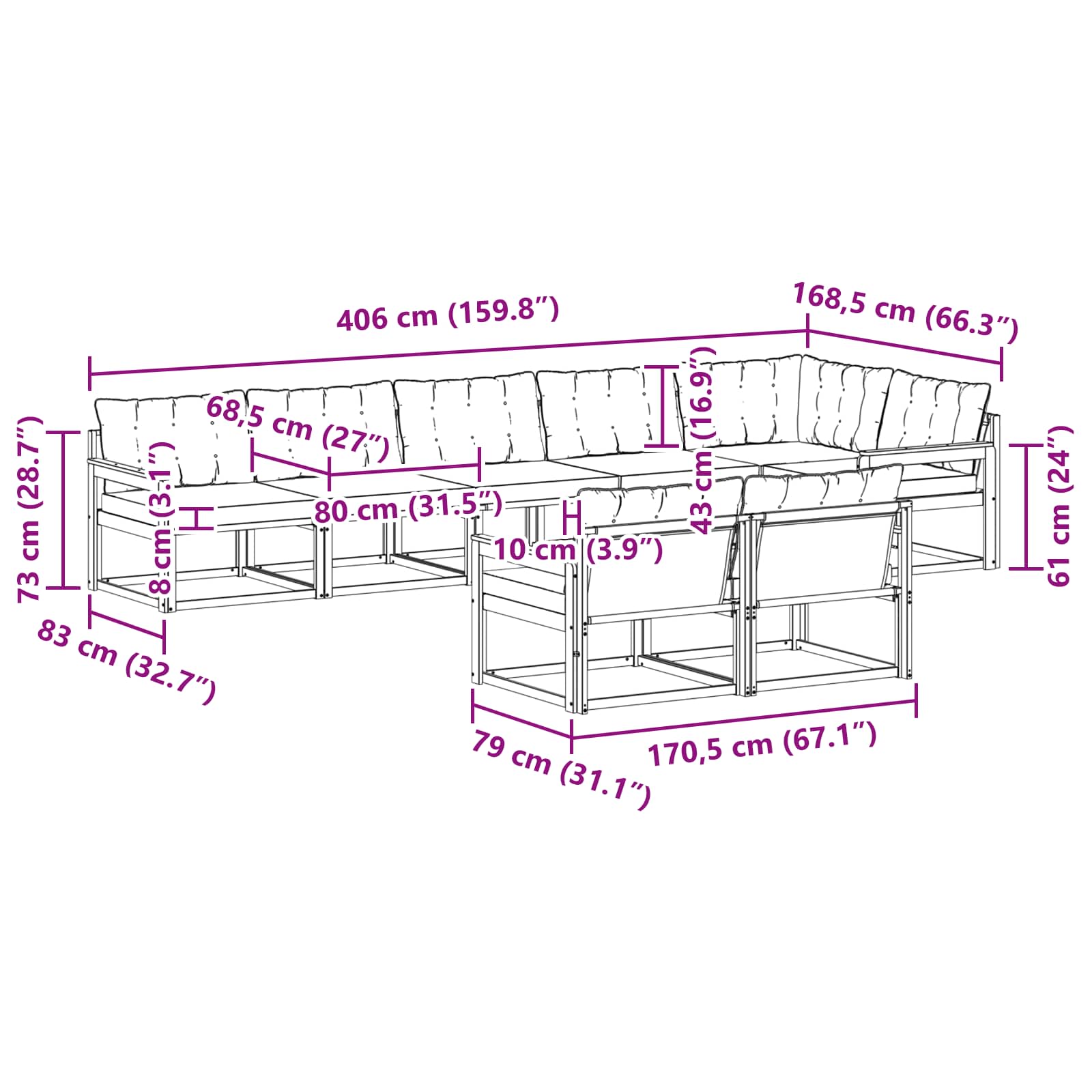 Zunanja garnitura za sedenje z blazino 8 pcs Naravna in bež - slika 9