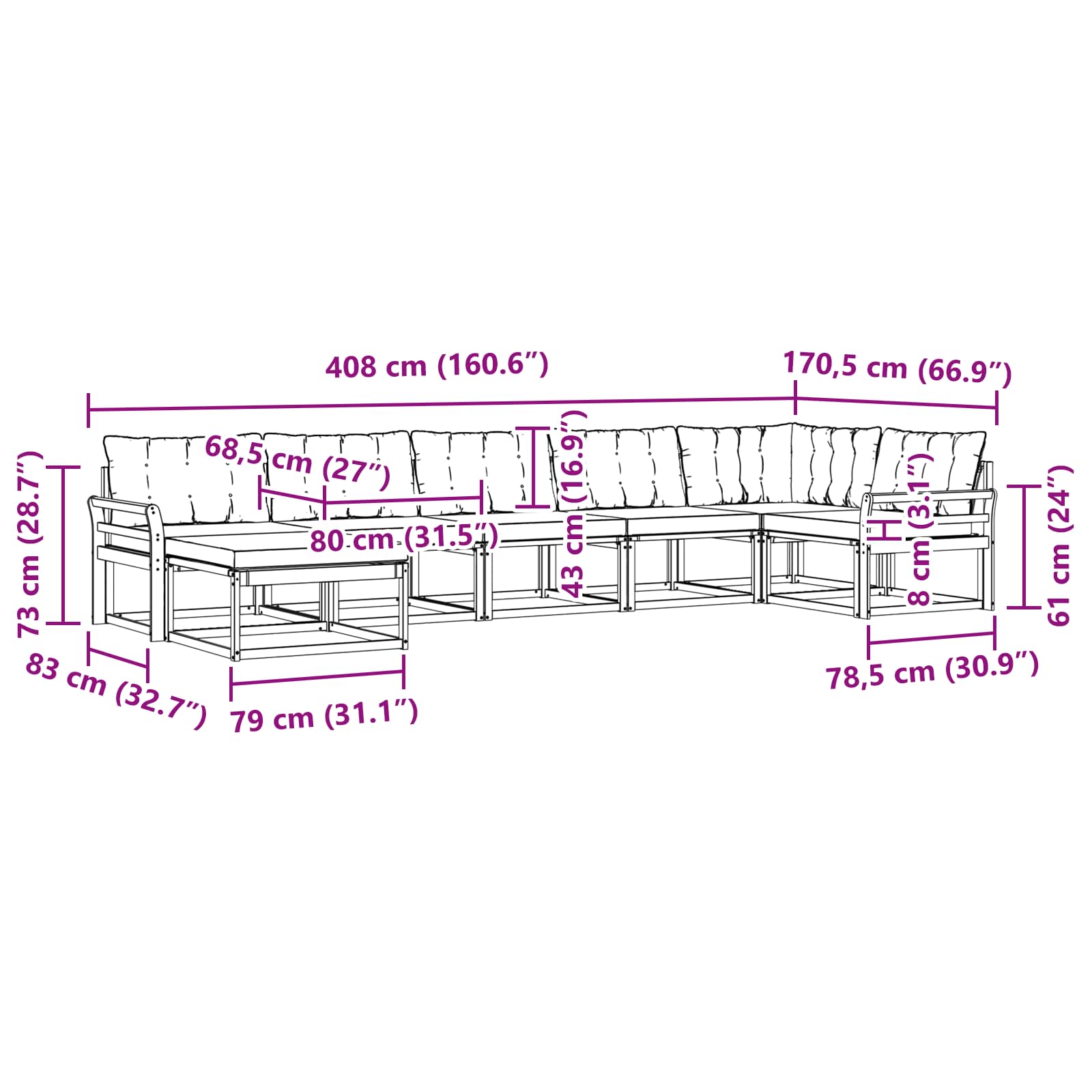 Zunanja garnitura za sedenje z blazino 21 pcs Naravna in bež - slika 11