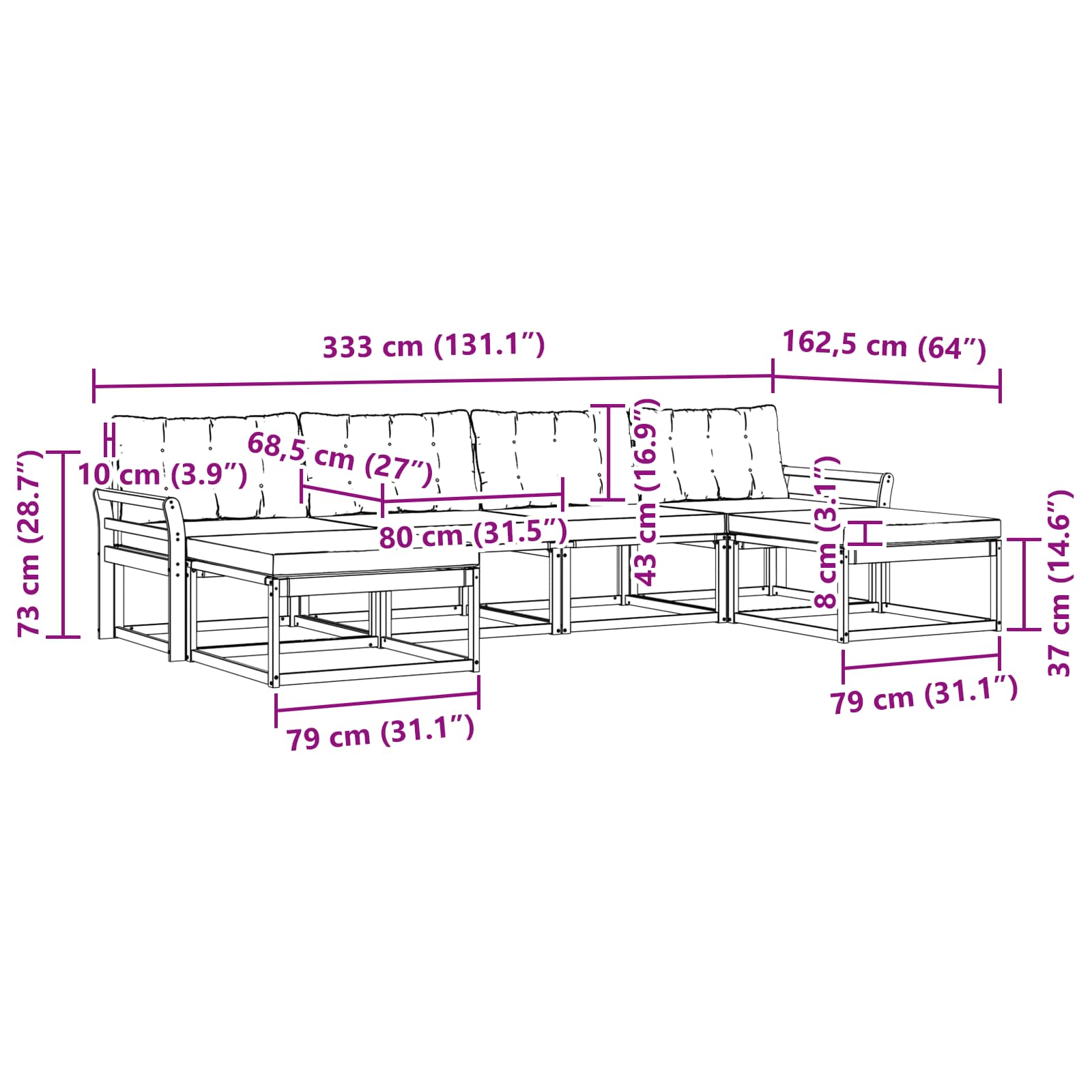 Zunanja garnitura za sedenje z blazino 6 pcs Naravna in črna - slika 8
