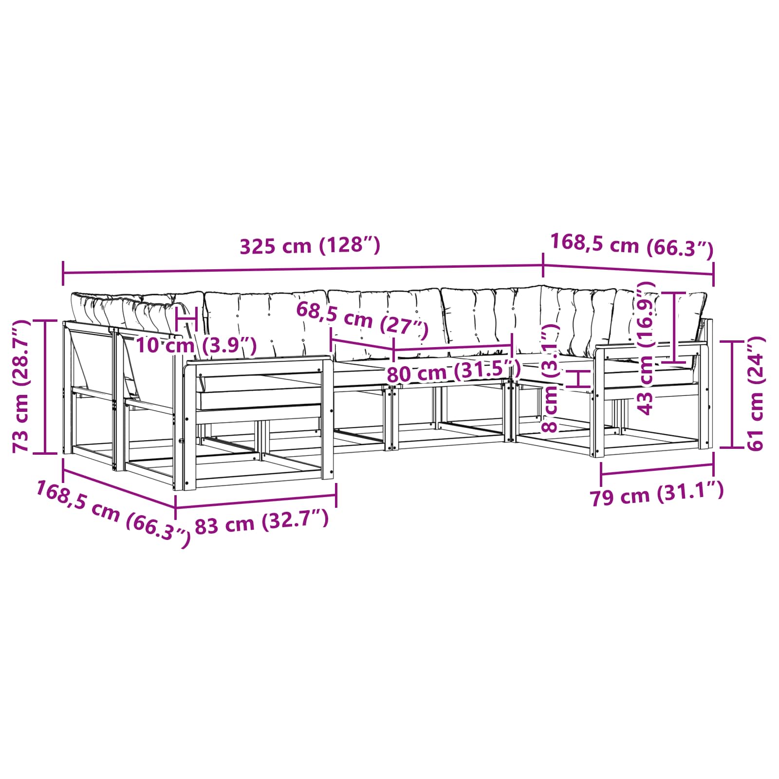 Zunanja garnitura za sedenje z blazino 6 pcs Naravna in črna - slika 8
