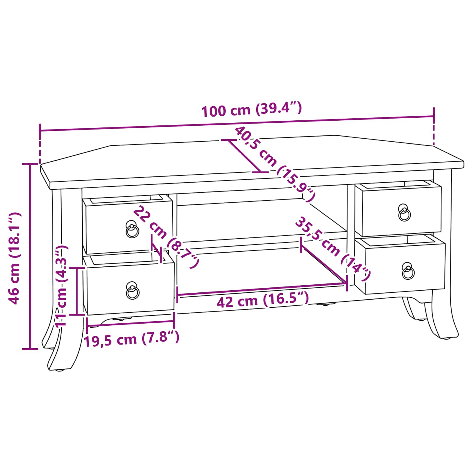 TV-kast met lade Naturel 100 x 40,5 x 46 cm Massief Mahoniehout image 12