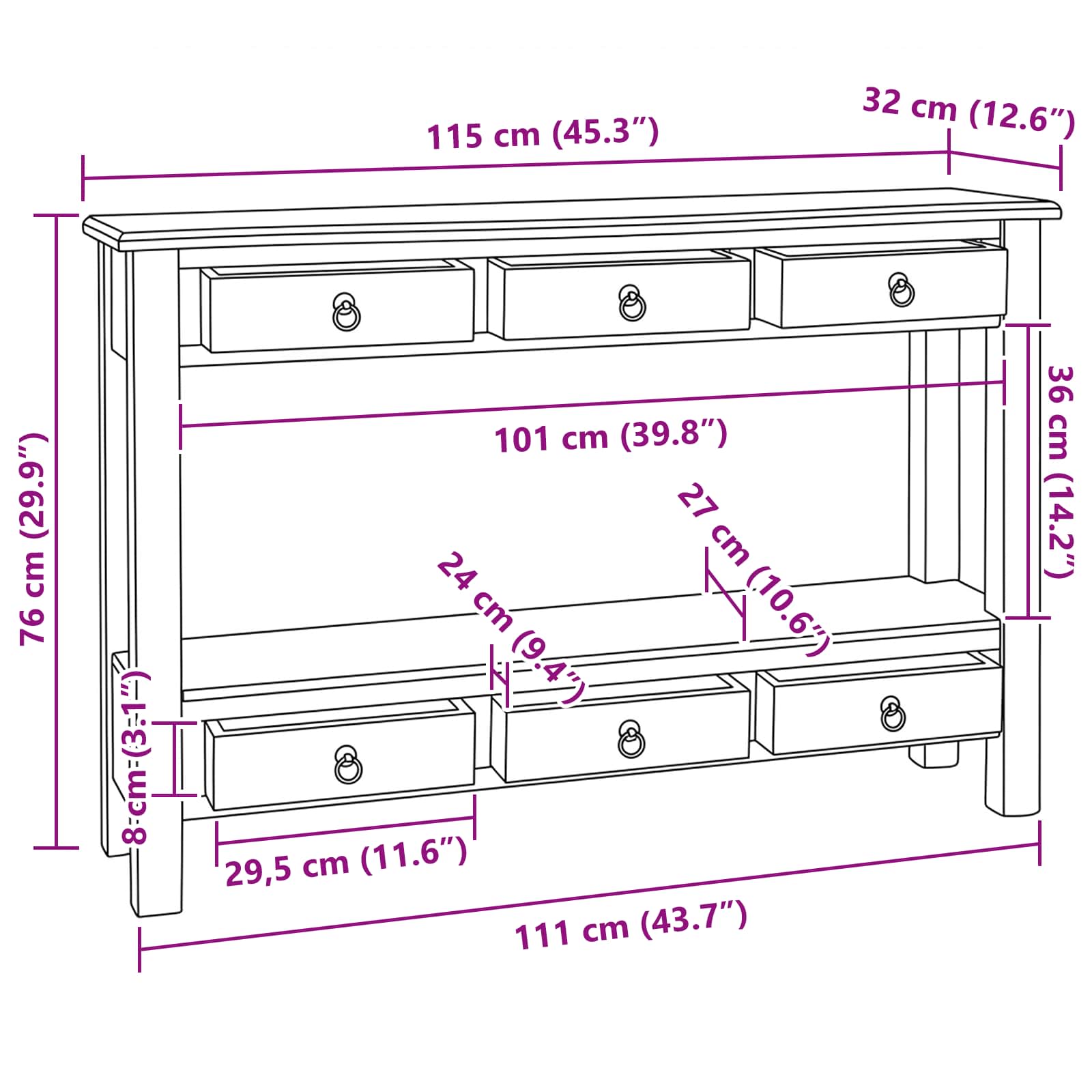 Wandtafel met lade Naturel 115 x 32 x 76 cm Massief Mahoniehout image 12