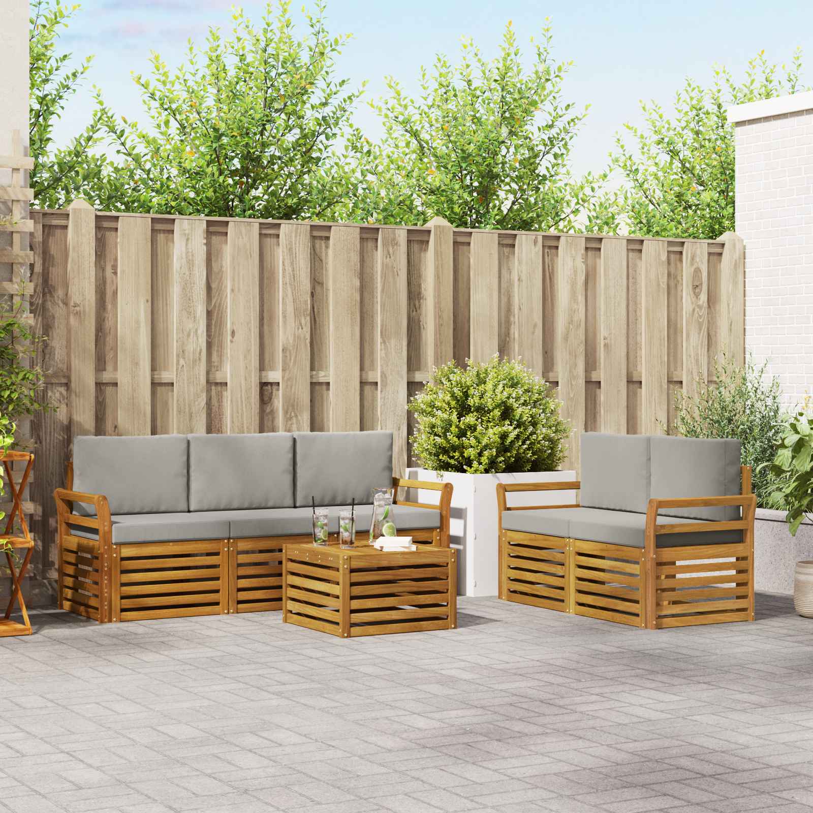 Sofa-Sets 6 pcs Natuurlijk en Lichtgrijs Massief Acaciahout image 1