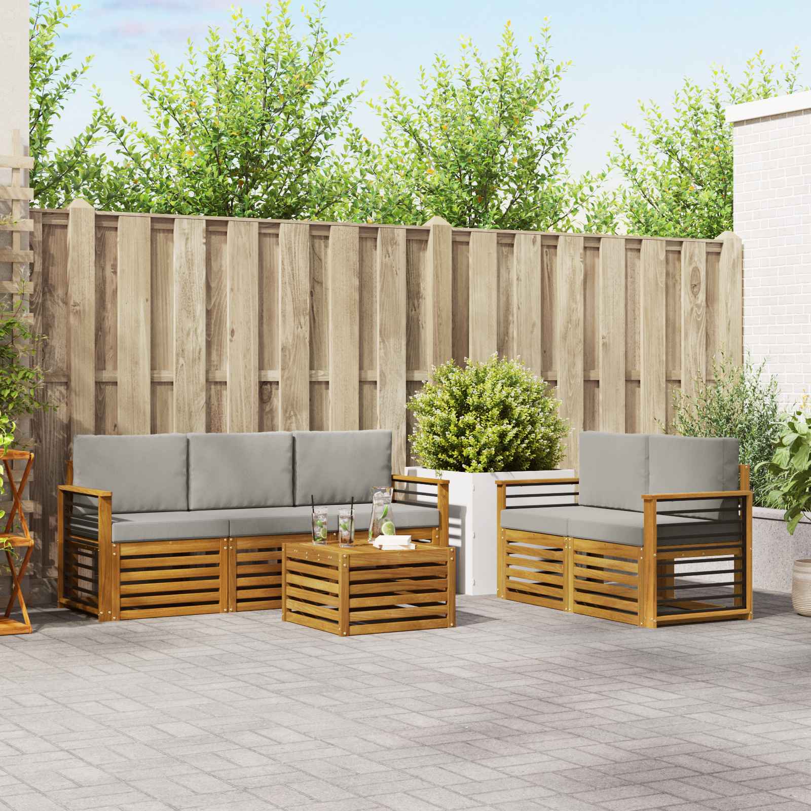 Sofa-Sets 6 pcs Natuurlijk en Lichtgrijs Massief Acaciahout image 1