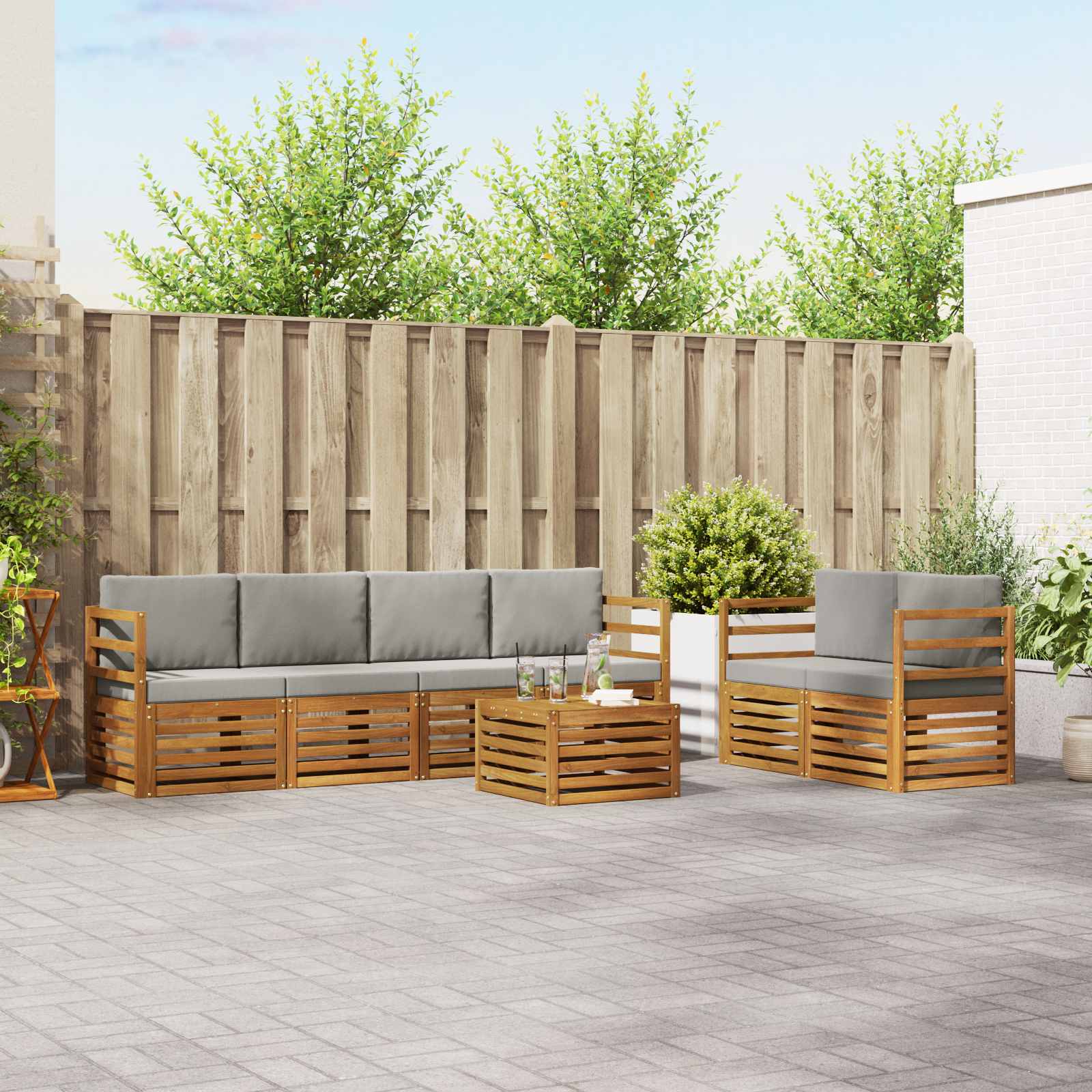 Sofa-Sets 7 pcs Natuurlijk en Lichtgrijs Massief Acaciahout image 1